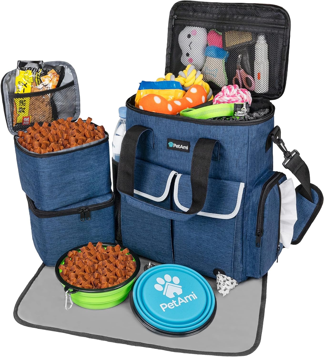 Petami Dog Travel Bag Pet Supplies Accessories Organizer for Traveling, Camping, Weekend; Cat Pet Travel Bag Kit Includes 2 Food Storage Containers, 2 Collapsible Bowls, 1 Feeding Mat (Purple)