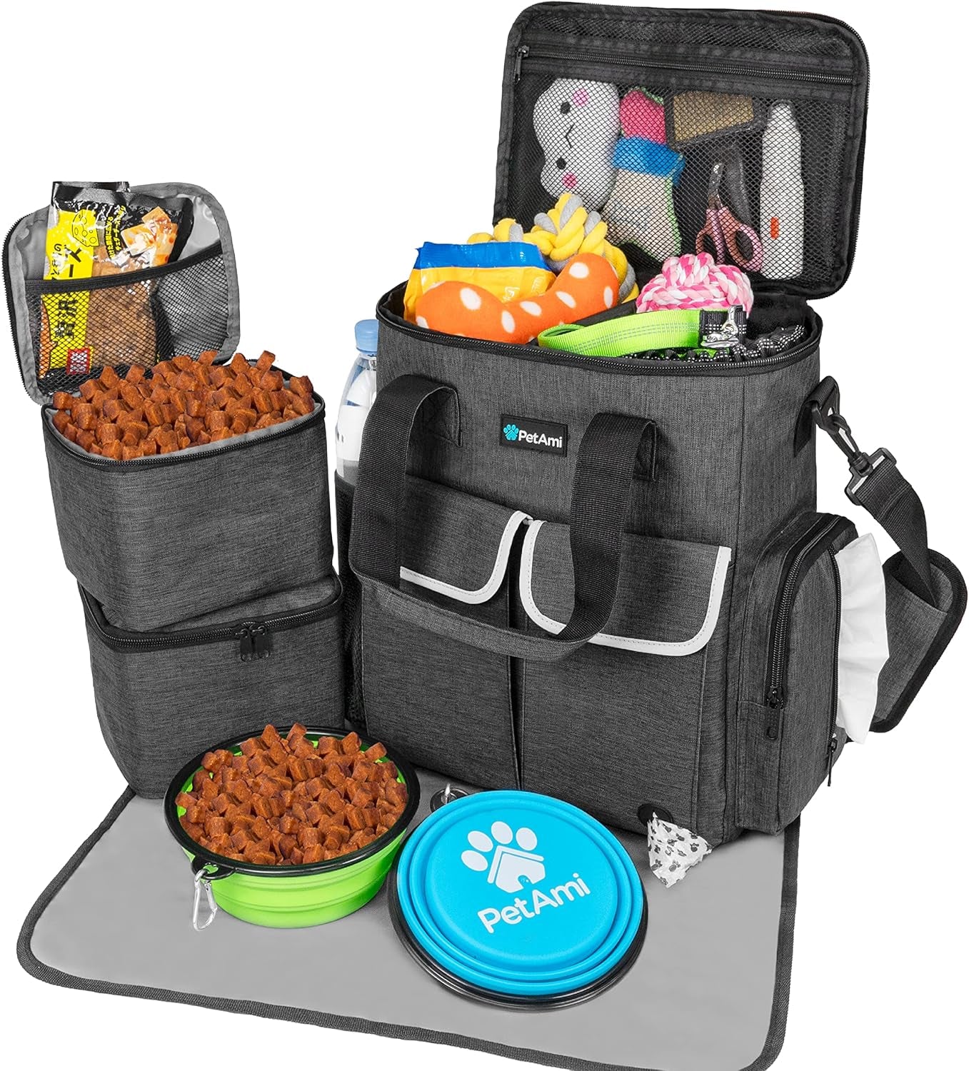 Petami Dog Travel Bag Pet Supplies Accessories Organizer for Traveling, Camping, Weekend; Cat Pet Travel Bag Kit Includes 2 Food Storage Containers, 2 Collapsible Bowls, 1 Feeding Mat (Purple)