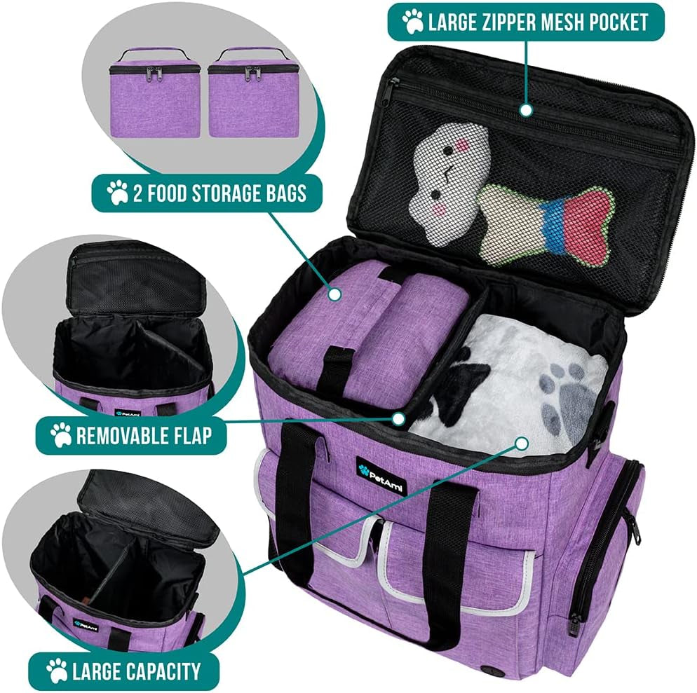Petami Dog Travel Bag Pet Supplies Accessories Organizer for Traveling, Camping, Weekend; Cat Pet Travel Bag Kit Includes 2 Food Storage Containers, 2 Collapsible Bowls, 1 Feeding Mat (Purple)