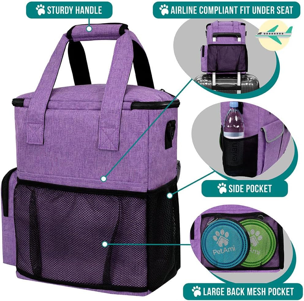 Petami Dog Travel Bag Pet Supplies Accessories Organizer for Traveling, Camping, Weekend; Cat Pet Travel Bag Kit Includes 2 Food Storage Containers, 2 Collapsible Bowls, 1 Feeding Mat (Purple)