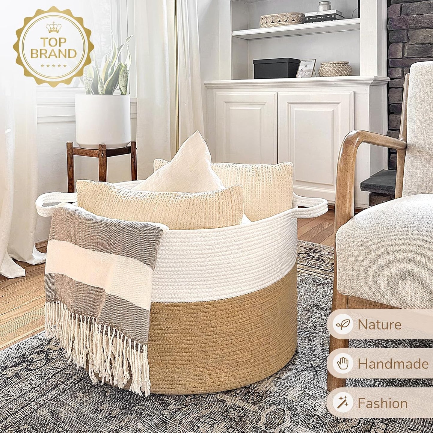 INDRESSME Xxxlarge Jute Rope Basket 21.7" X 21.7" X 13.8" Woven Baby Laundry Baskets for Blankets Toys Storage Basket with Handle Comforter Cushions Storage Bins Thread Laundry Hamper
