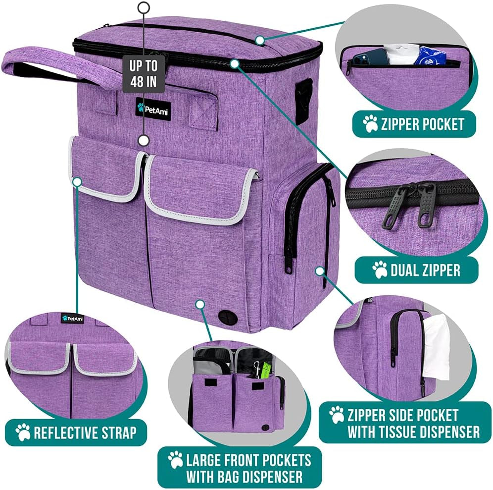 Petami Dog Travel Bag Pet Supplies Accessories Organizer for Traveling, Camping, Weekend; Cat Pet Travel Bag Kit Includes 2 Food Storage Containers, 2 Collapsible Bowls, 1 Feeding Mat (Purple)