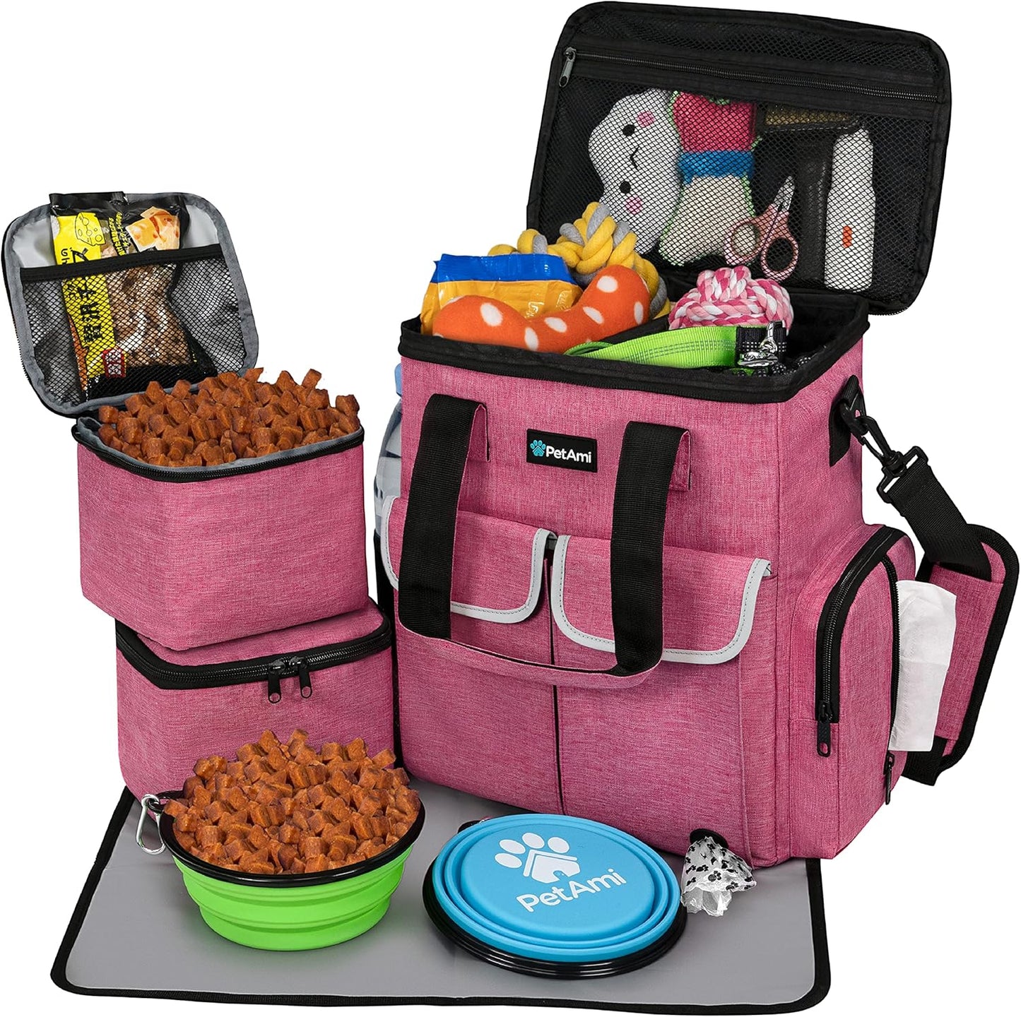 Petami Dog Travel Bag Pet Supplies Accessories Organizer for Traveling, Camping, Weekend; Cat Pet Travel Bag Kit Includes 2 Food Storage Containers, 2 Collapsible Bowls, 1 Feeding Mat (Purple)