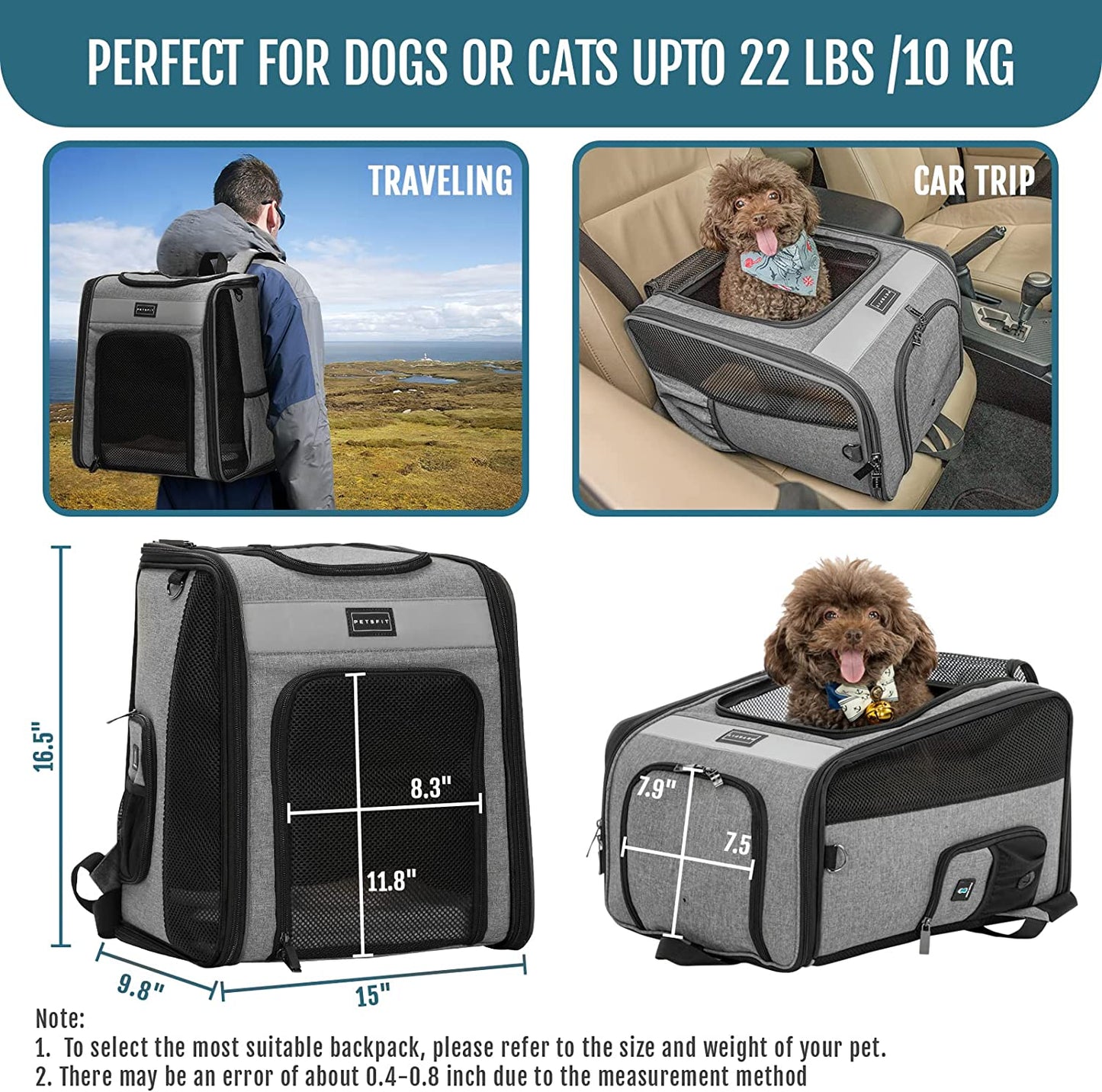 Petsfit Cat Backpack Carrier with Soft Plush Mat, Cross Ventilation Design, Dog Backpack Easy Fit for Travel Camping Hiking, Hold Pets up to 22 Lbs