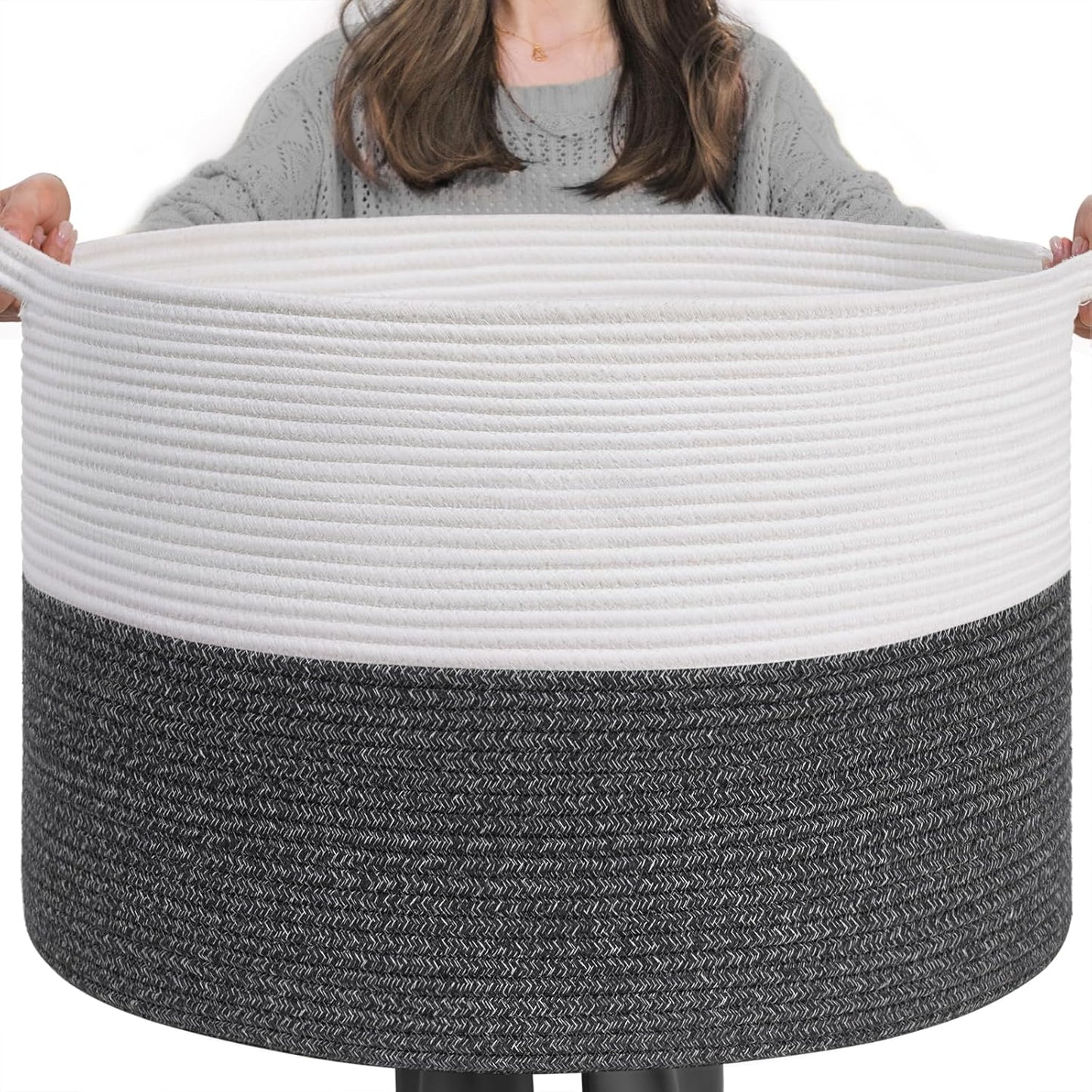 INDRESSME Xxxlarge Jute Rope Basket 21.7" X 21.7" X 13.8" Woven Baby Laundry Baskets for Blankets Toys Storage Basket with Handle Comforter Cushions Storage Bins Thread Laundry Hamper