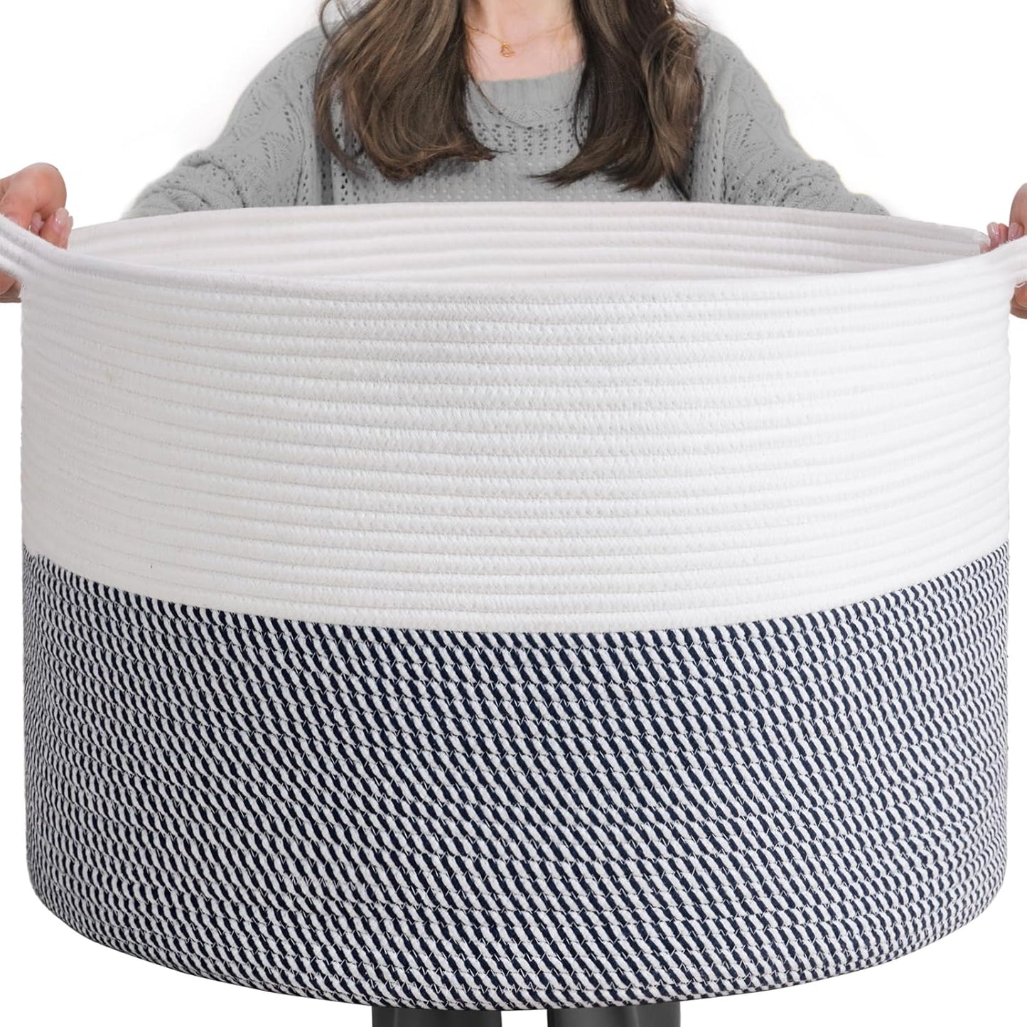 INDRESSME Xxxlarge Jute Rope Basket 21.7" X 21.7" X 13.8" Woven Baby Laundry Baskets for Blankets Toys Storage Basket with Handle Comforter Cushions Storage Bins Thread Laundry Hamper