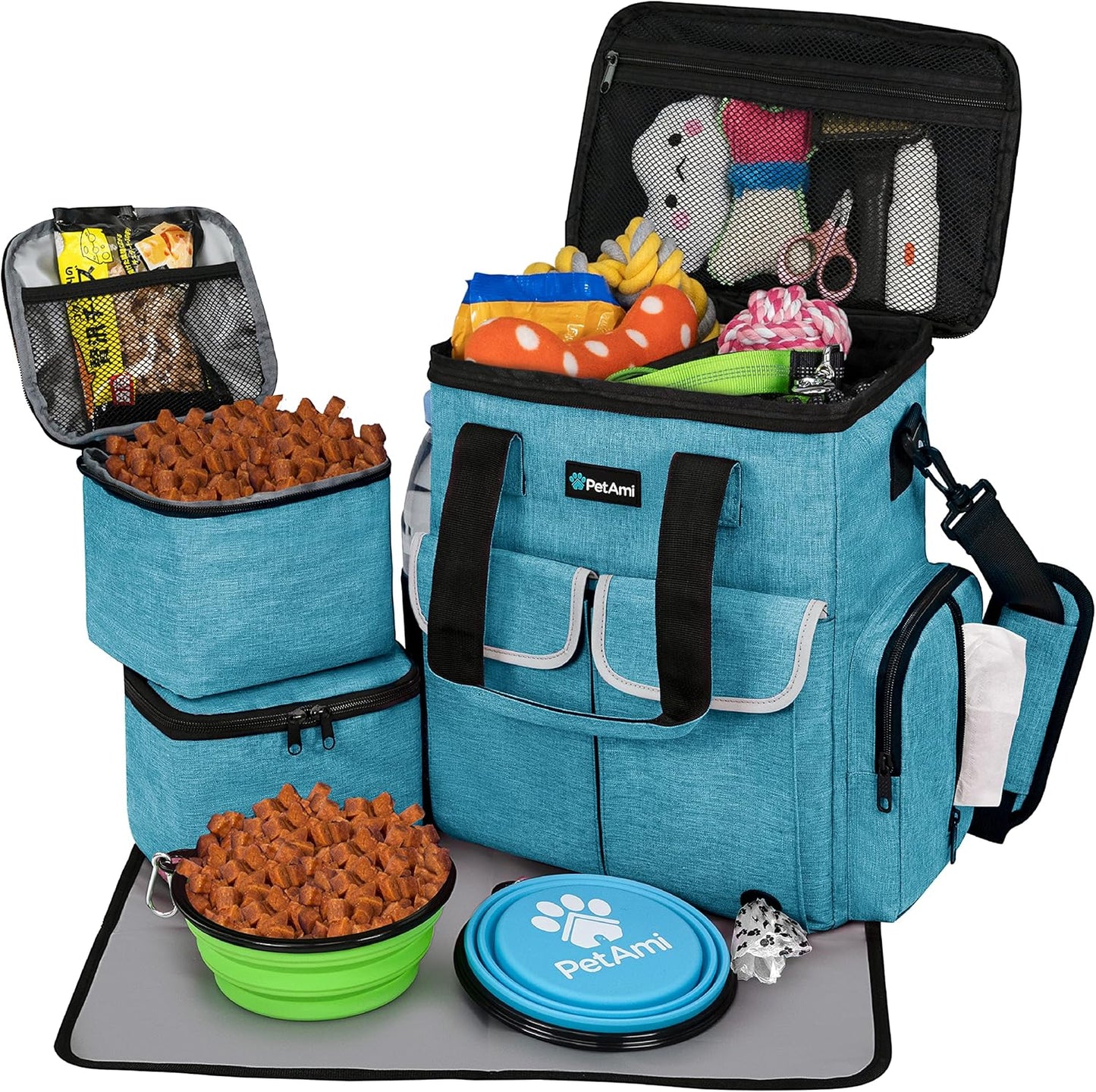Petami Dog Travel Bag Pet Supplies Accessories Organizer for Traveling, Camping, Weekend; Cat Pet Travel Bag Kit Includes 2 Food Storage Containers, 2 Collapsible Bowls, 1 Feeding Mat (Purple)