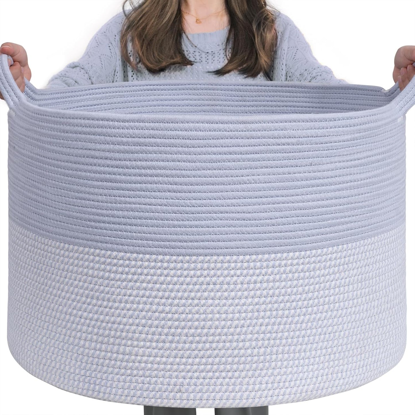 INDRESSME Xxxlarge Jute Rope Basket 21.7" X 21.7" X 13.8" Woven Baby Laundry Baskets for Blankets Toys Storage Basket with Handle Comforter Cushions Storage Bins Thread Laundry Hamper