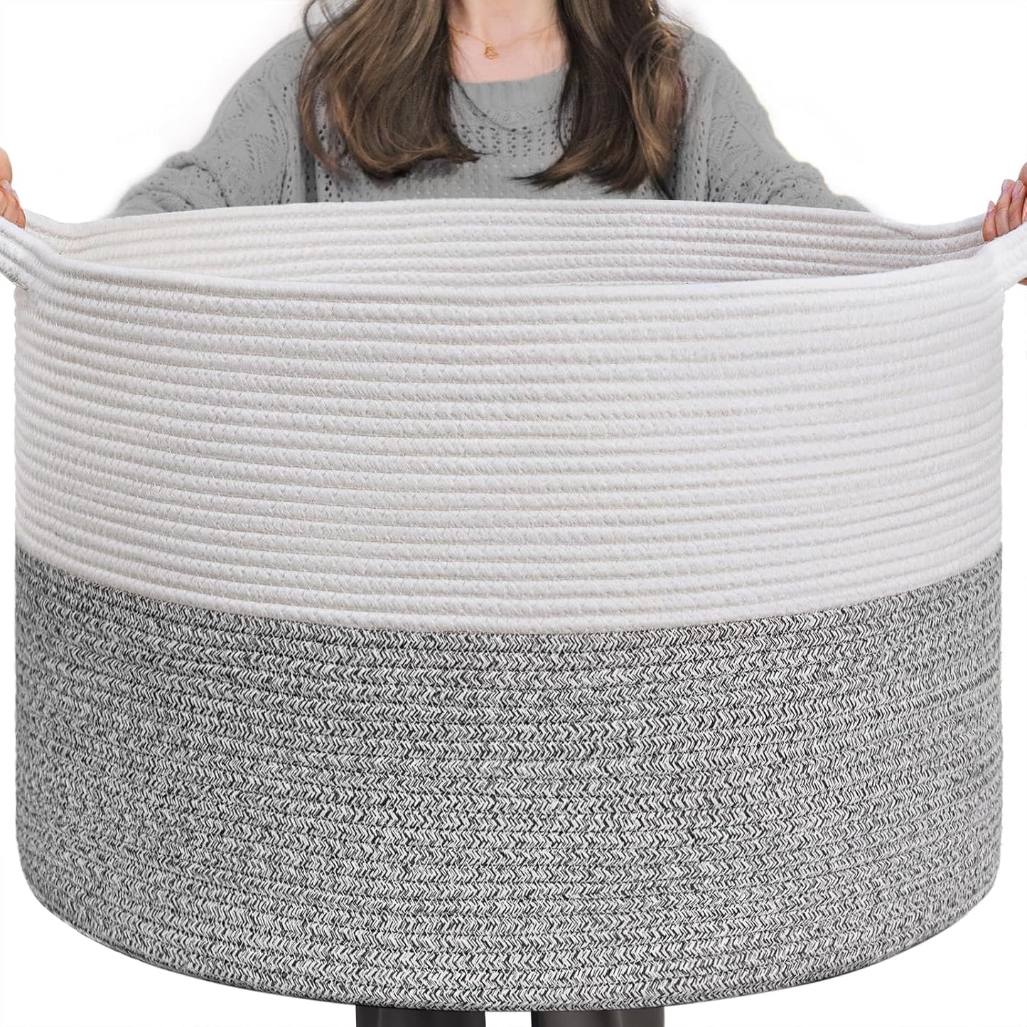 INDRESSME Xxxlarge Jute Rope Basket 21.7" X 21.7" X 13.8" Woven Baby Laundry Baskets for Blankets Toys Storage Basket with Handle Comforter Cushions Storage Bins Thread Laundry Hamper