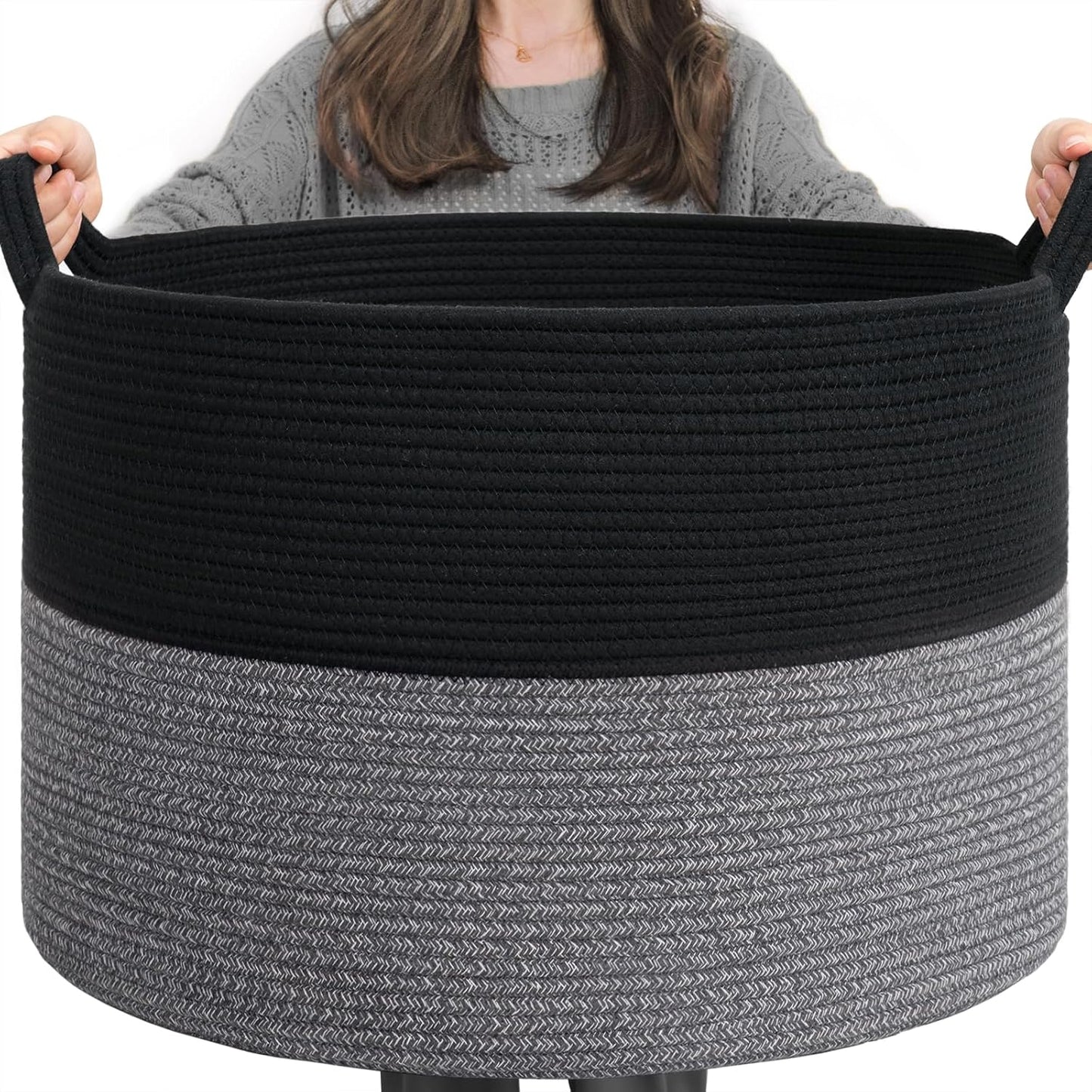 INDRESSME Xxxlarge Jute Rope Basket 21.7" X 21.7" X 13.8" Woven Baby Laundry Baskets for Blankets Toys Storage Basket with Handle Comforter Cushions Storage Bins Thread Laundry Hamper
