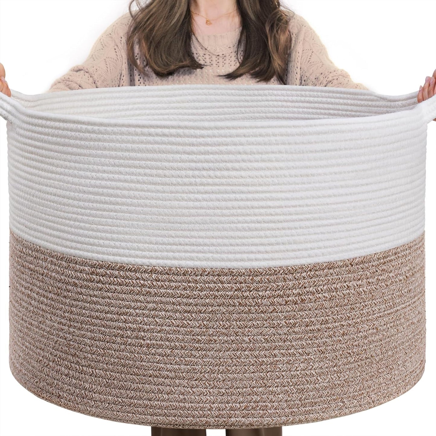 INDRESSME Xxxlarge Jute Rope Basket 21.7" X 21.7" X 13.8" Woven Baby Laundry Baskets for Blankets Toys Storage Basket with Handle Comforter Cushions Storage Bins Thread Laundry Hamper