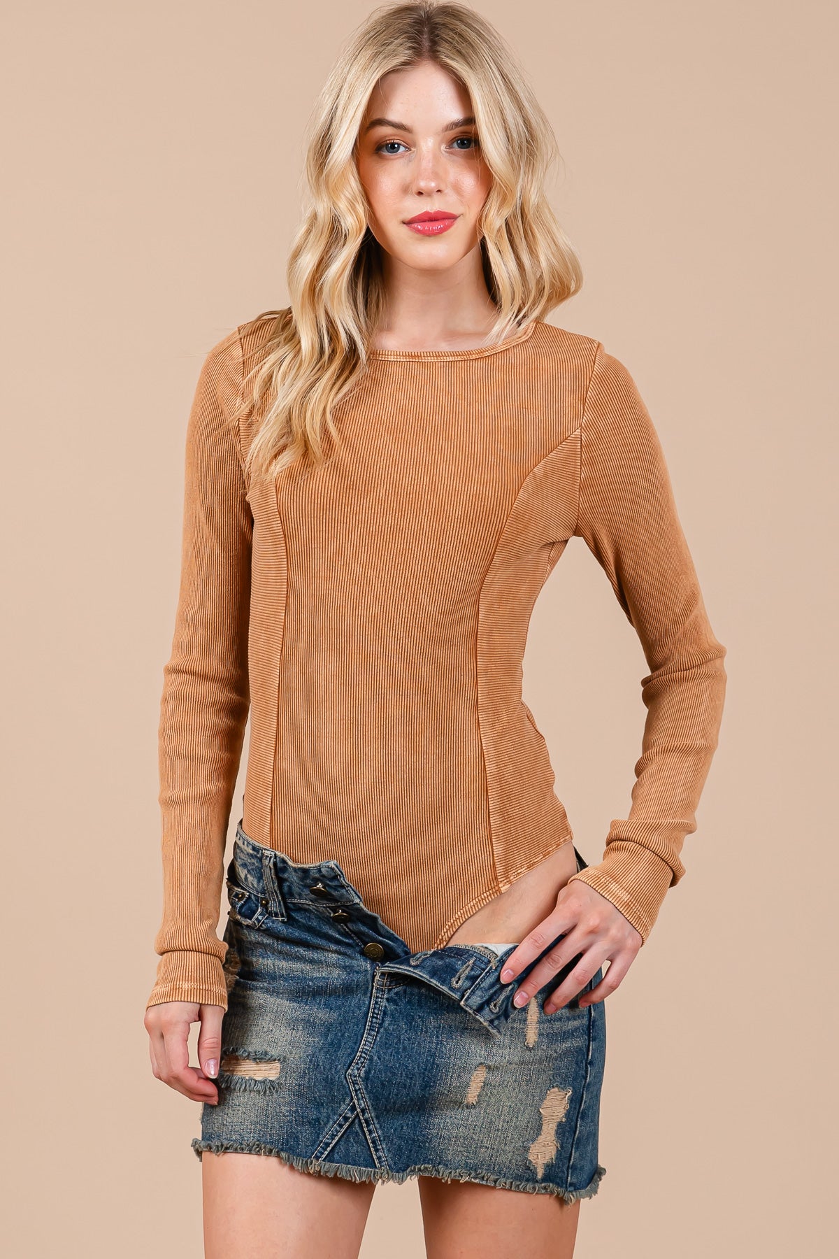 Washed Ribbed Long Sleeve Body Suit – Vintage-Inspired Everyday Style