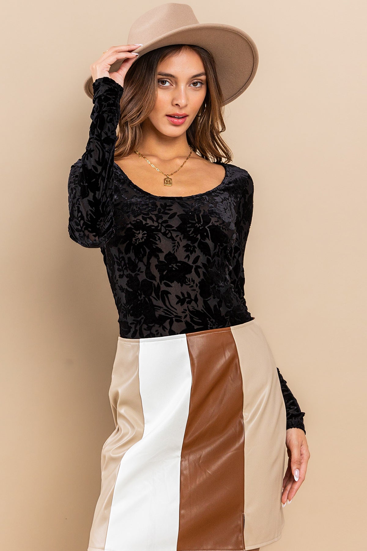 Floral Velvet Burnout Bodysuit – Elegant Sheer Texture