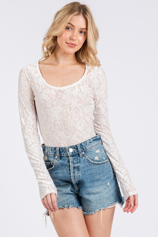 Floral Velvet Burnout Bodysuit – Elegant Sheer Texture