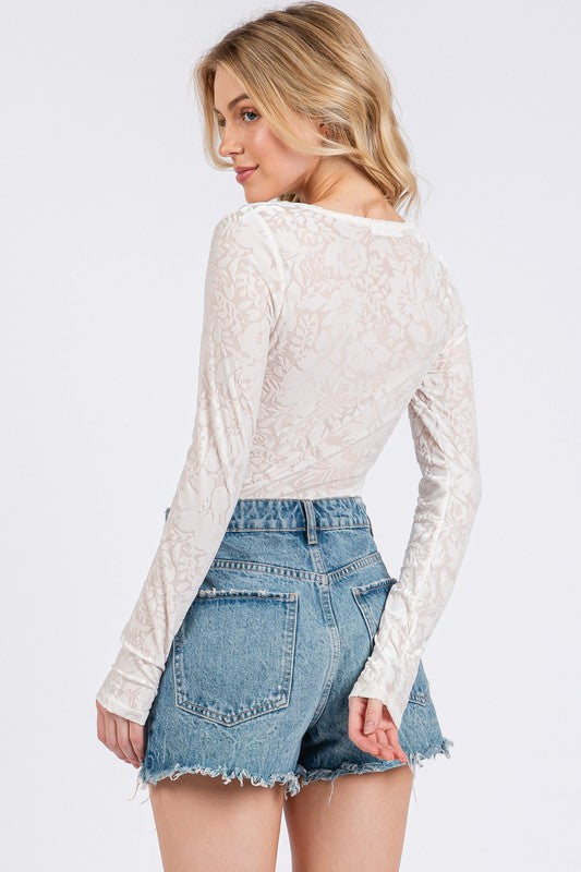 Floral Velvet Burnout Bodysuit – Elegant Sheer Texture