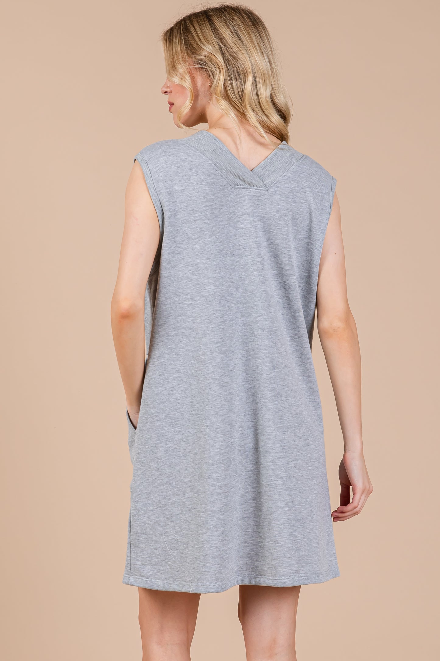 Sleeveless Fench Terry V-Neck Mini Dress with Front Pockets