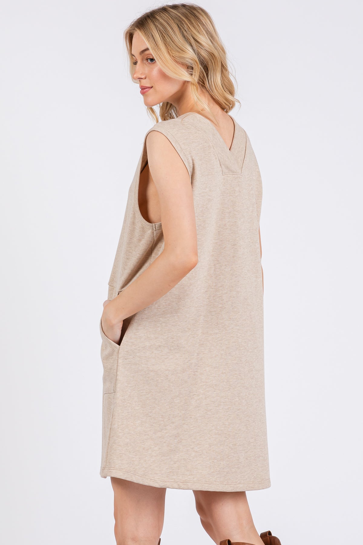 Sleeveless Fench Terry V-Neck Mini Dress with Front Pockets