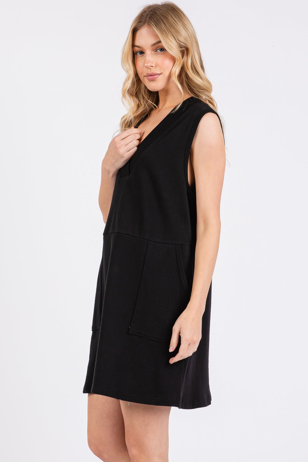 Sleeveless Fench Terry V-Neck Mini Dress with Front Pockets