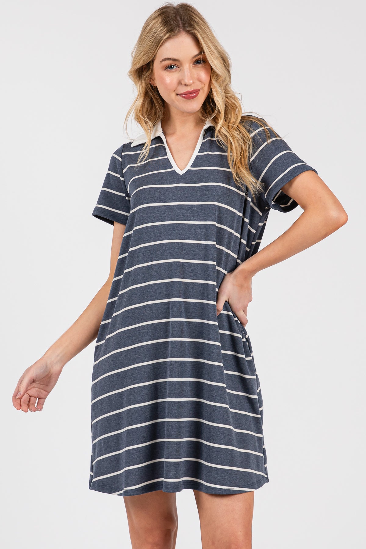Red Striped V-Neck T-Shirt Dress – Casual Everyday Comfort