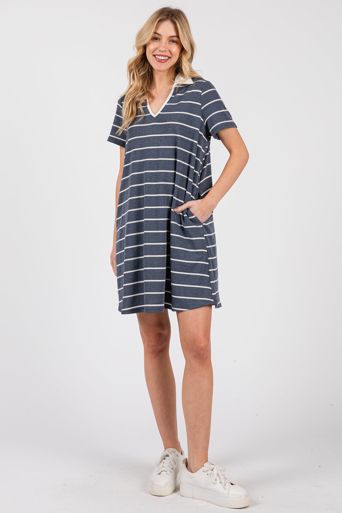 Red Striped V-Neck T-Shirt Dress – Casual Everyday Comfort