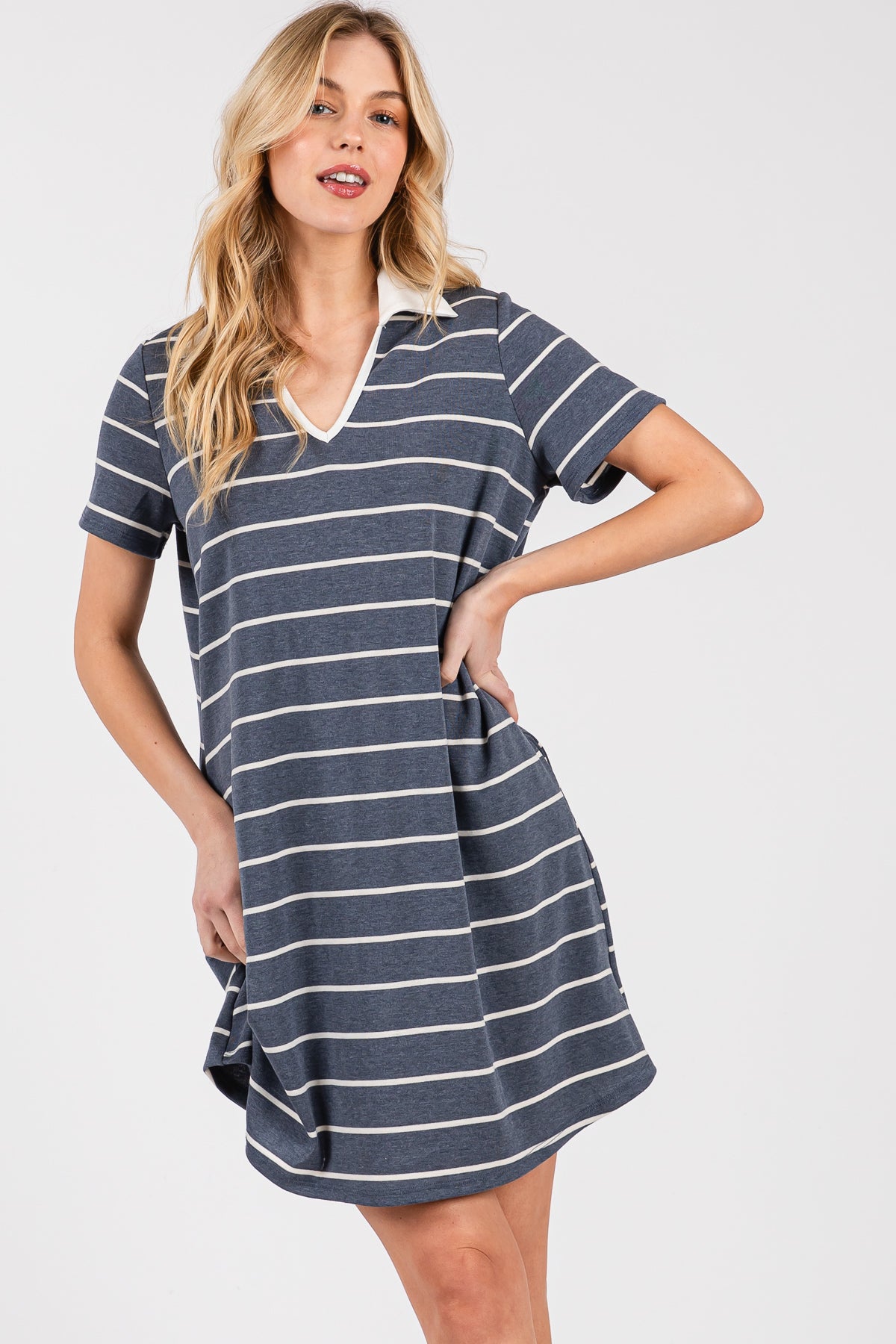 Red Striped V-Neck T-Shirt Dress – Casual Everyday Comfort