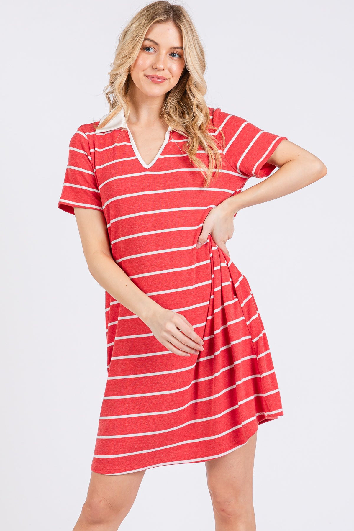 Red Striped V-Neck T-Shirt Dress – Casual Everyday Comfort