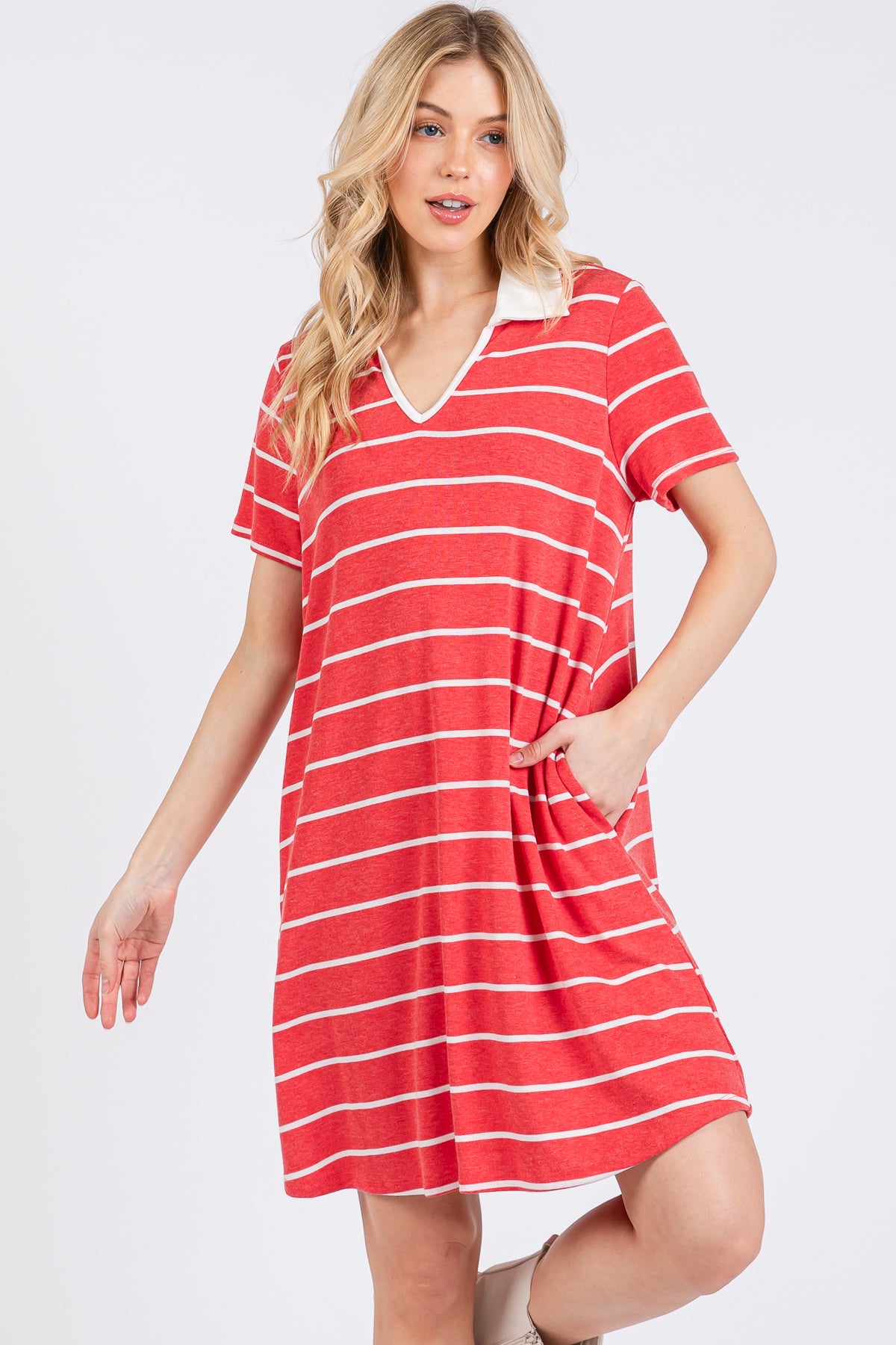 Red Striped V-Neck T-Shirt Dress – Casual Everyday Comfort
