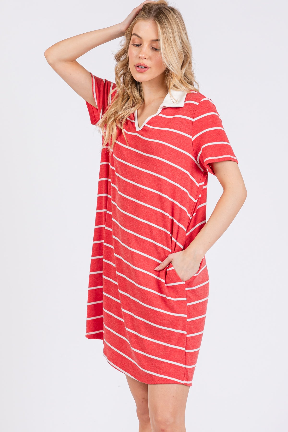 Red Striped V-Neck T-Shirt Dress – Casual Everyday Comfort