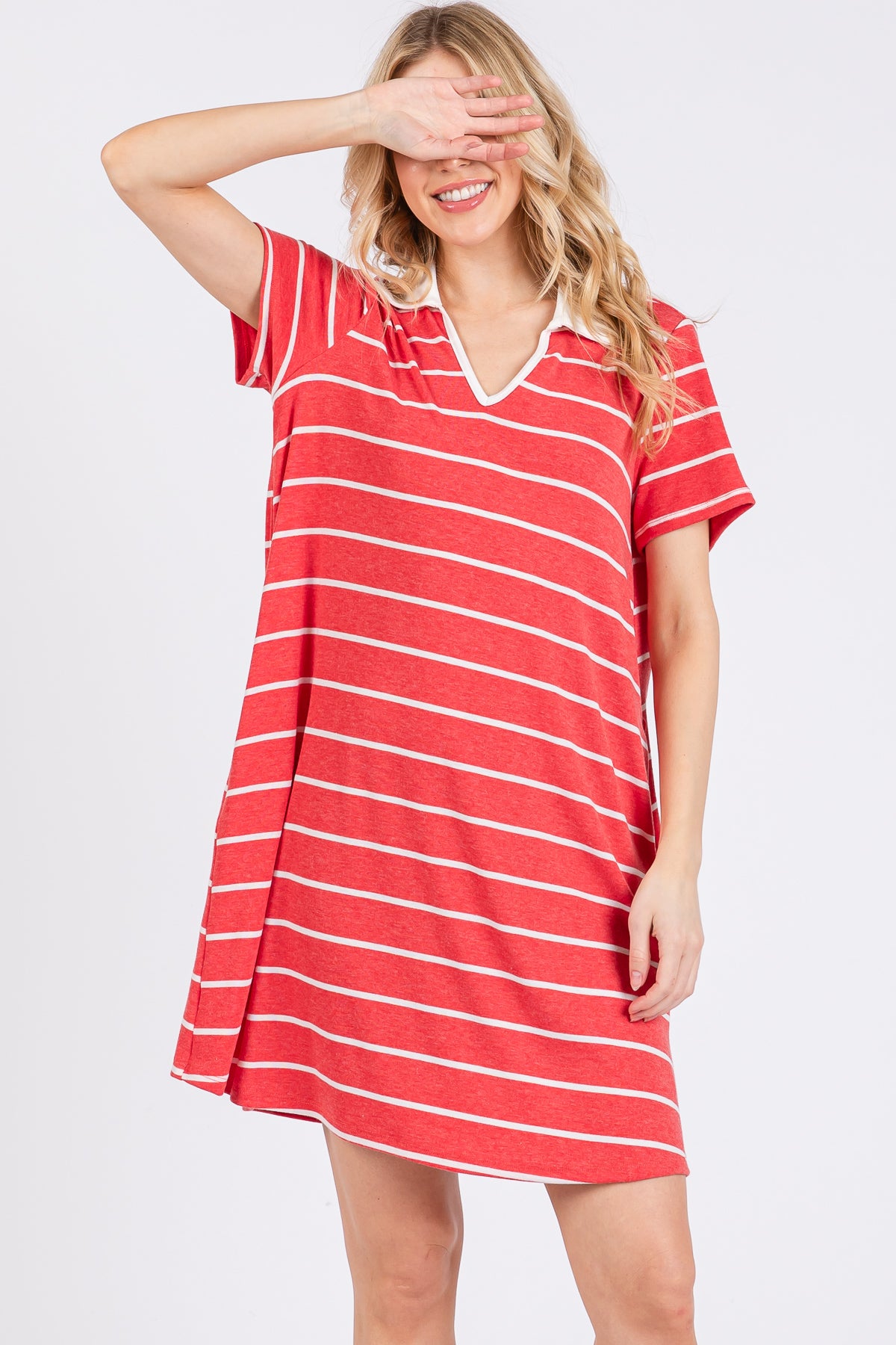 Red Striped V-Neck T-Shirt Dress – Casual Everyday Comfort