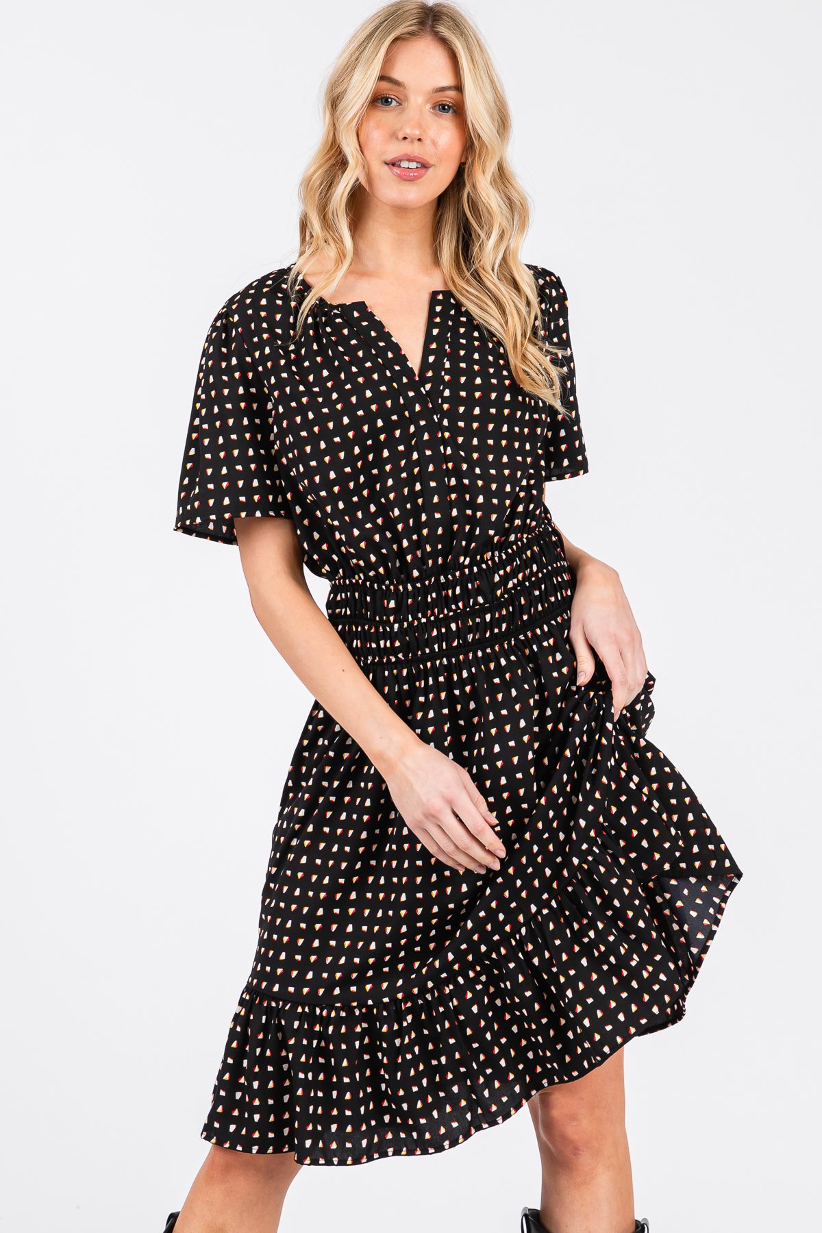 Mint Printed Woven Dress – Smocked Waist & Ruffle Hem
