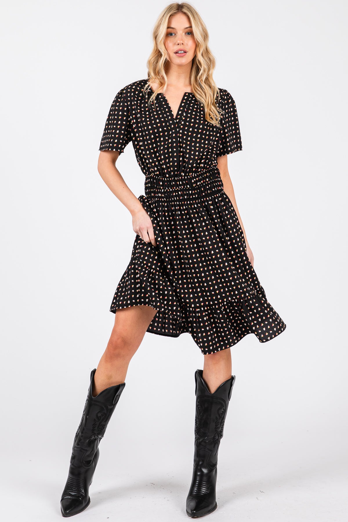 Mint Printed Woven Dress – Smocked Waist & Ruffle Hem