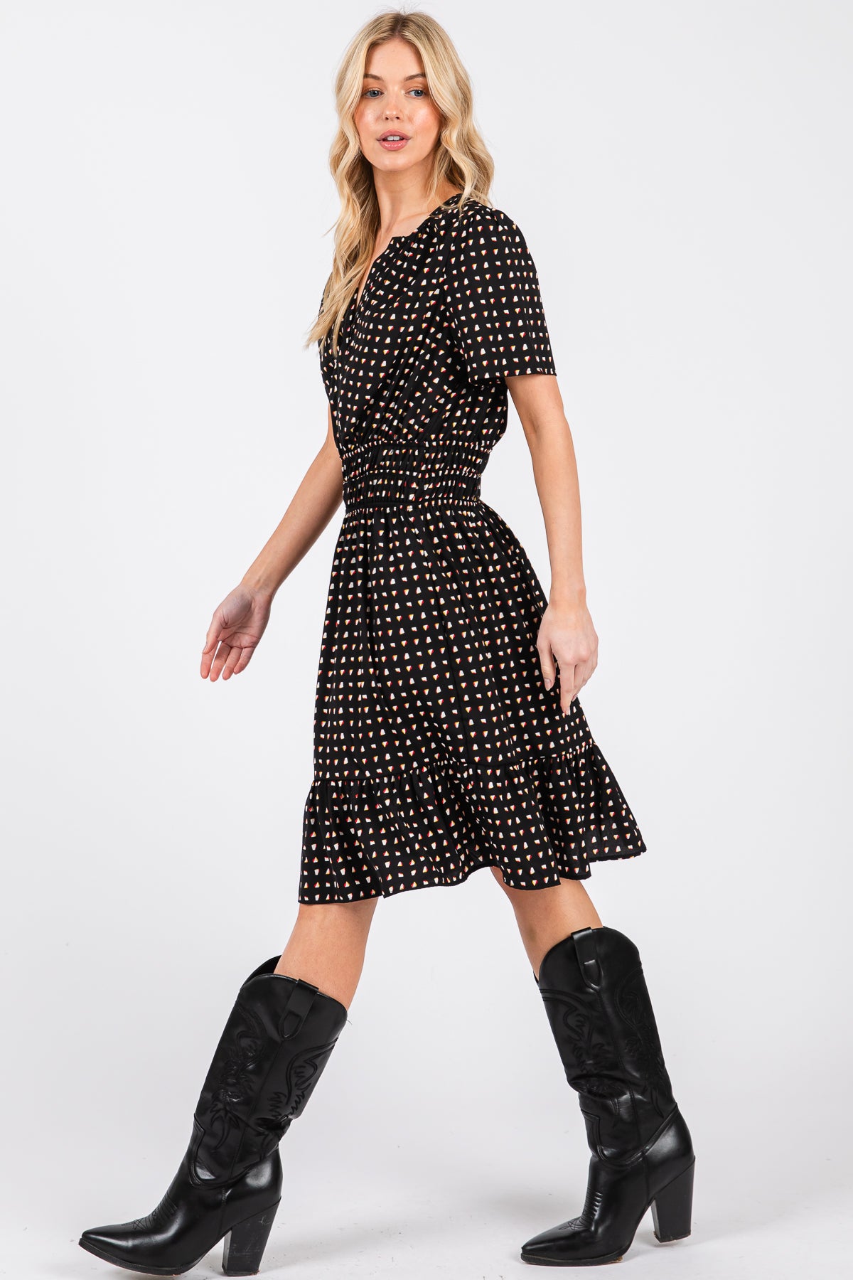 Mint Printed Woven Dress – Smocked Waist & Ruffle Hem