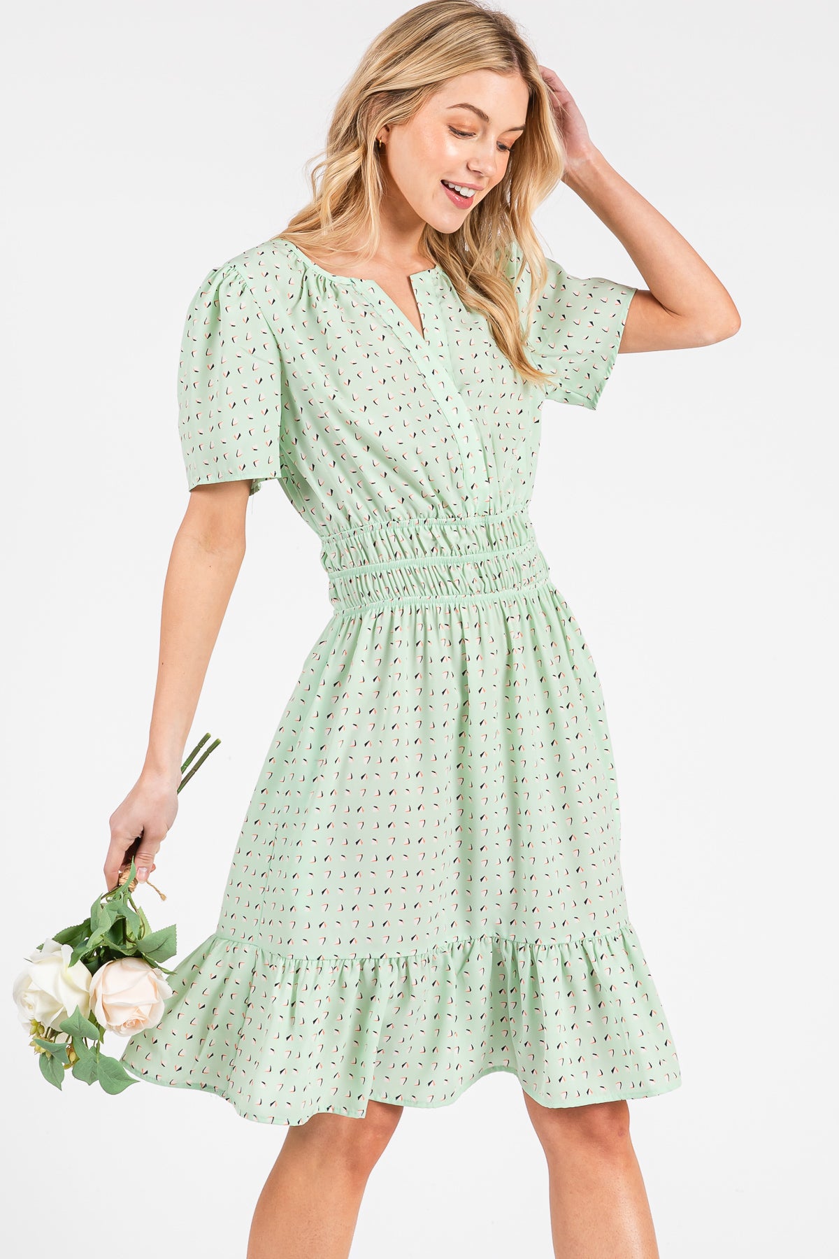 Mint Printed Woven Dress – Smocked Waist & Ruffle Hem