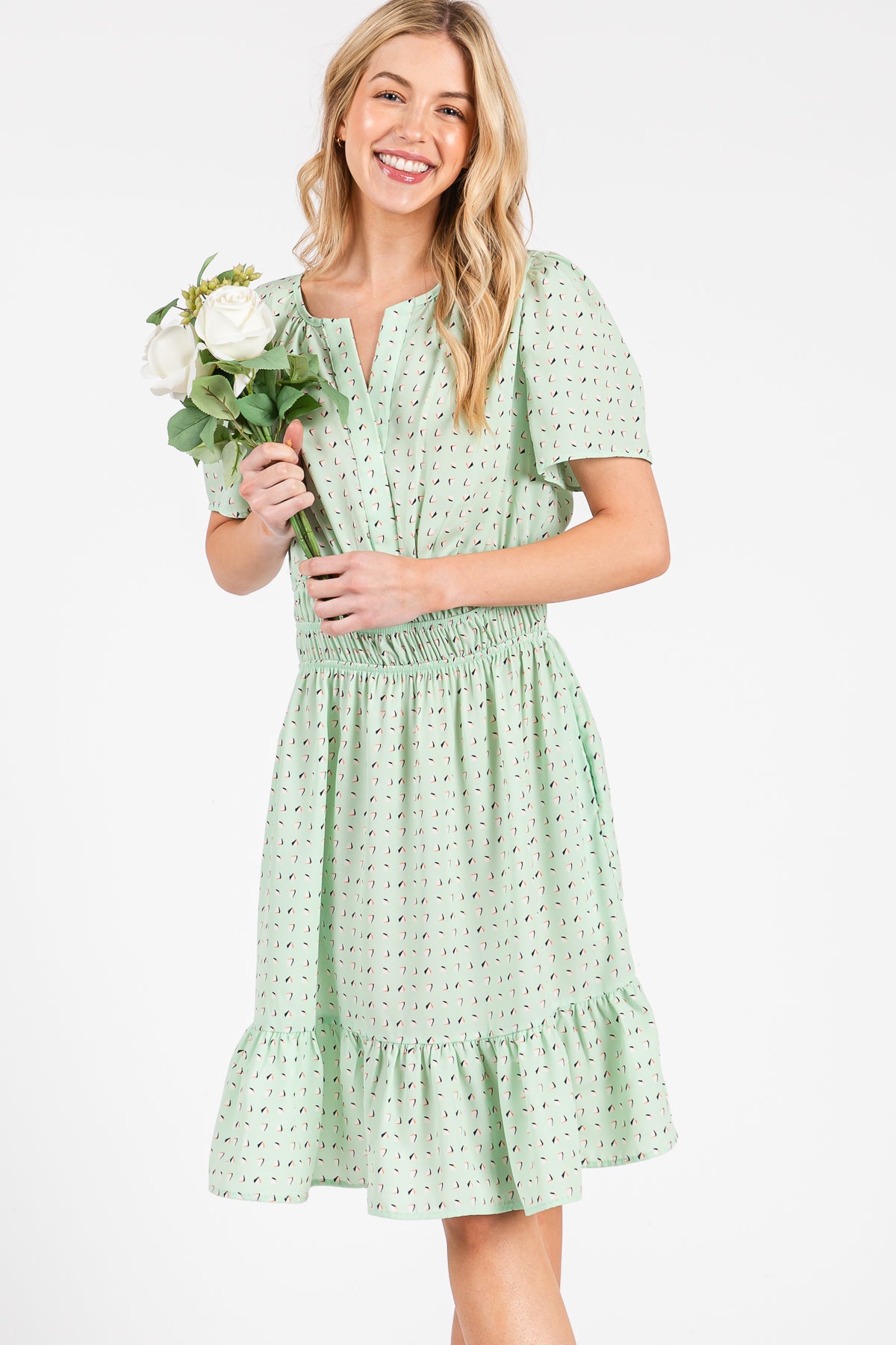 Mint Printed Woven Dress – Smocked Waist & Ruffle Hem