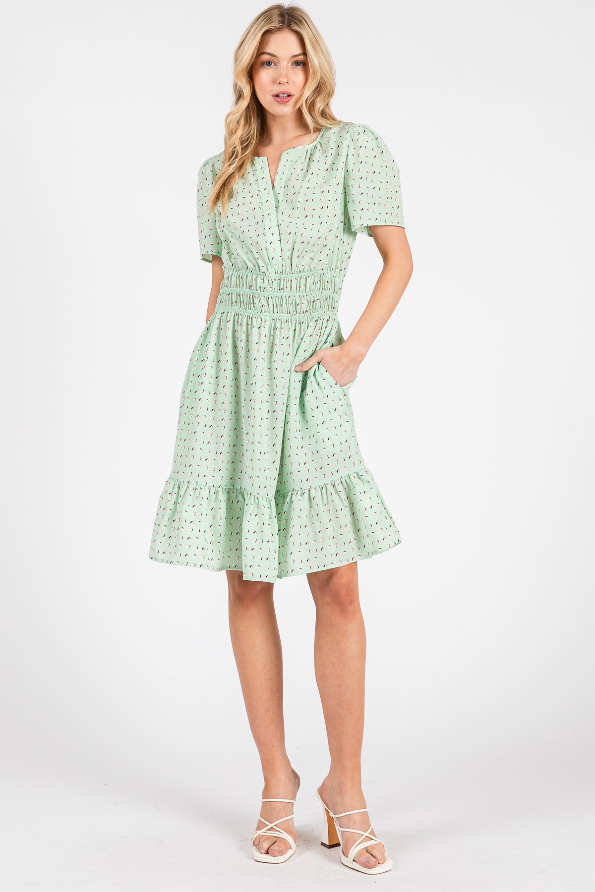 Mint Printed Woven Dress – Smocked Waist & Ruffle Hem