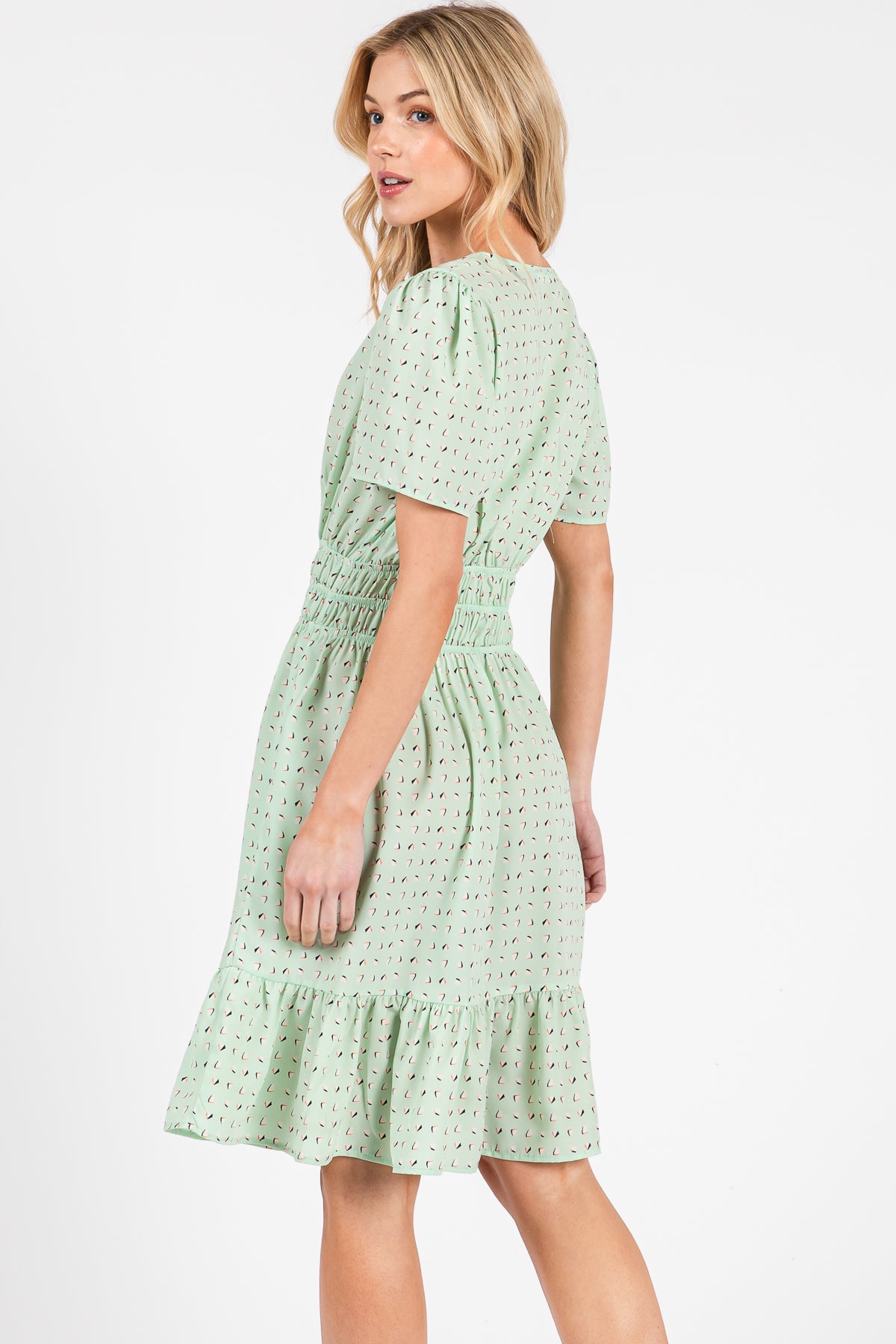 Mint Printed Woven Dress – Smocked Waist & Ruffle Hem