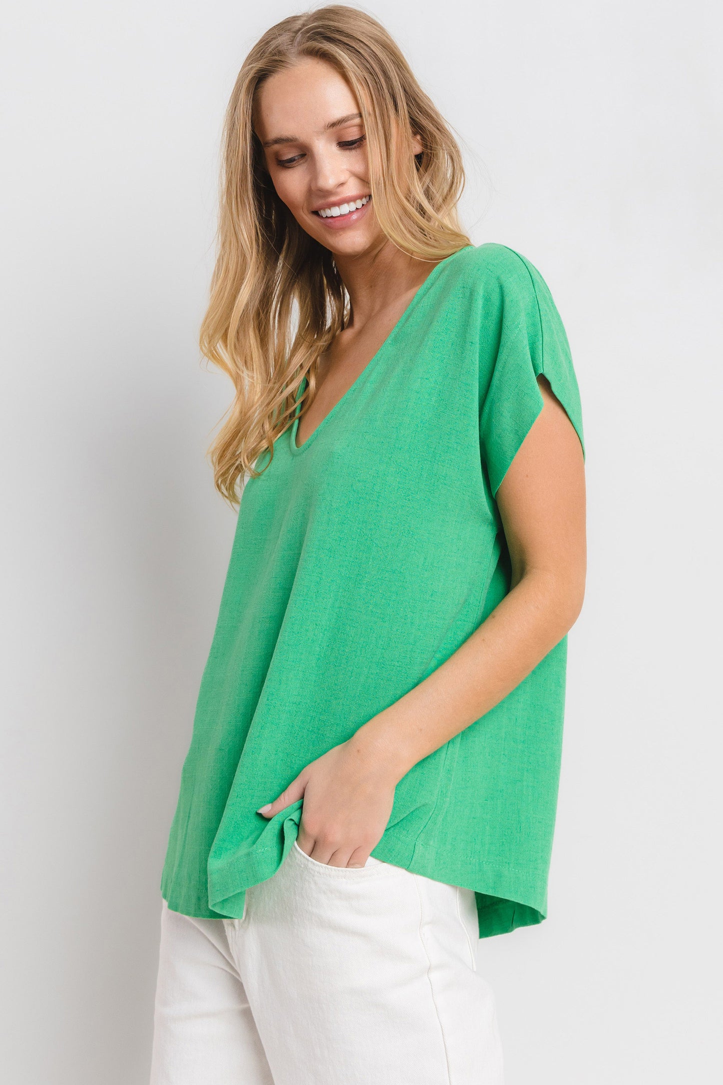 Relaxed Fit V-Neck Linen Top