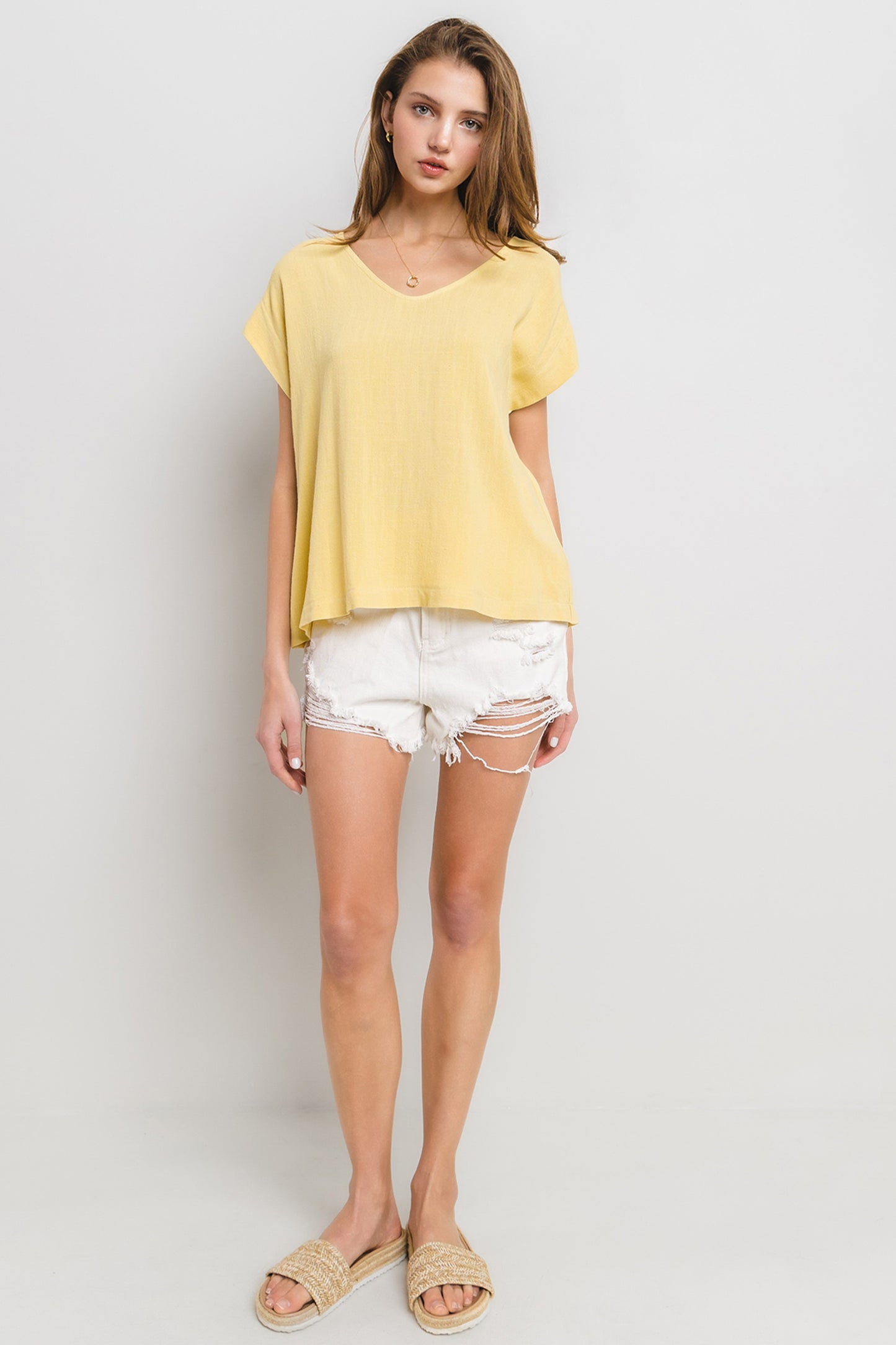 Relaxed Fit V-Neck Linen Top