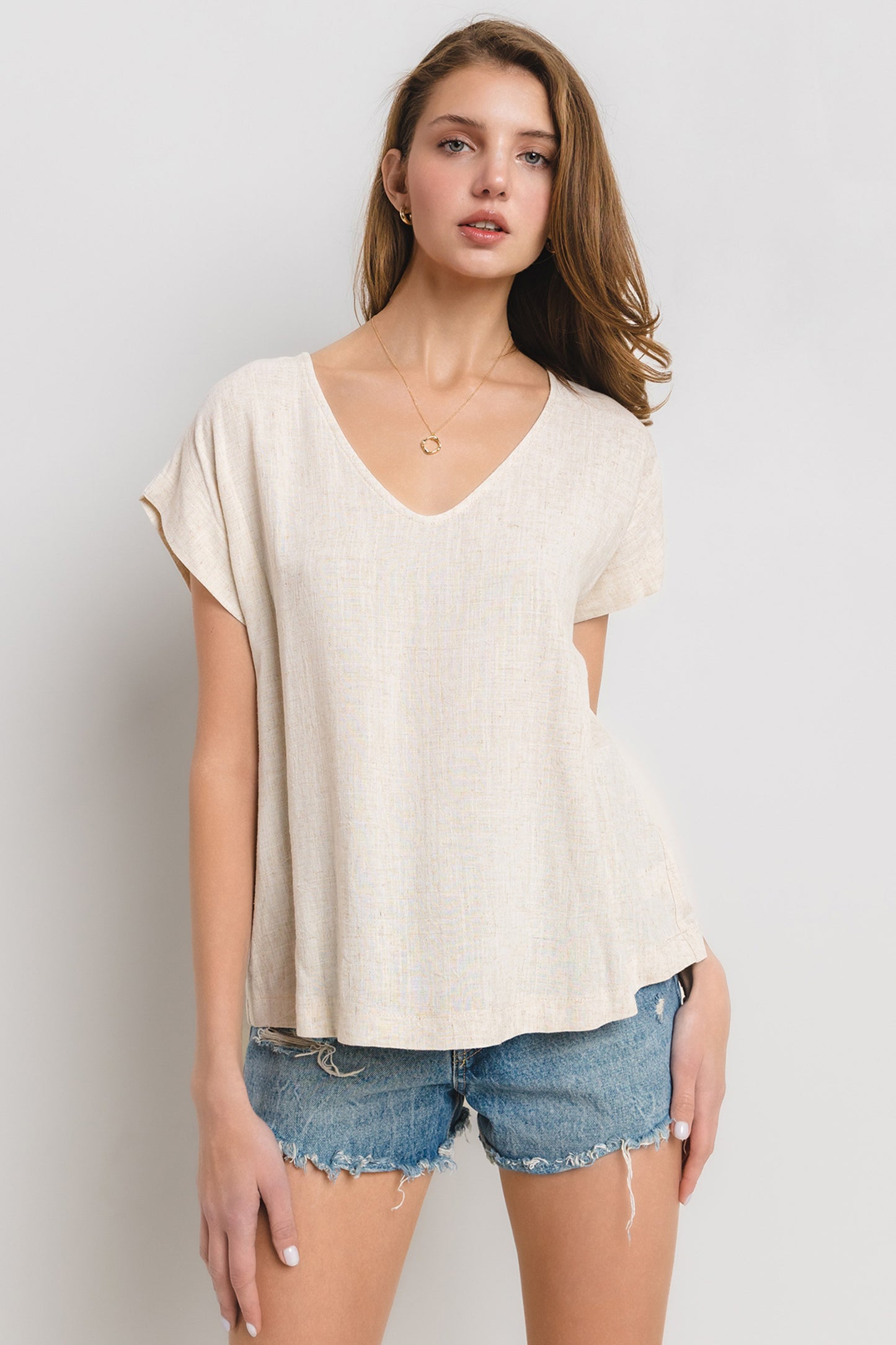 Relaxed Fit V-Neck Linen Top