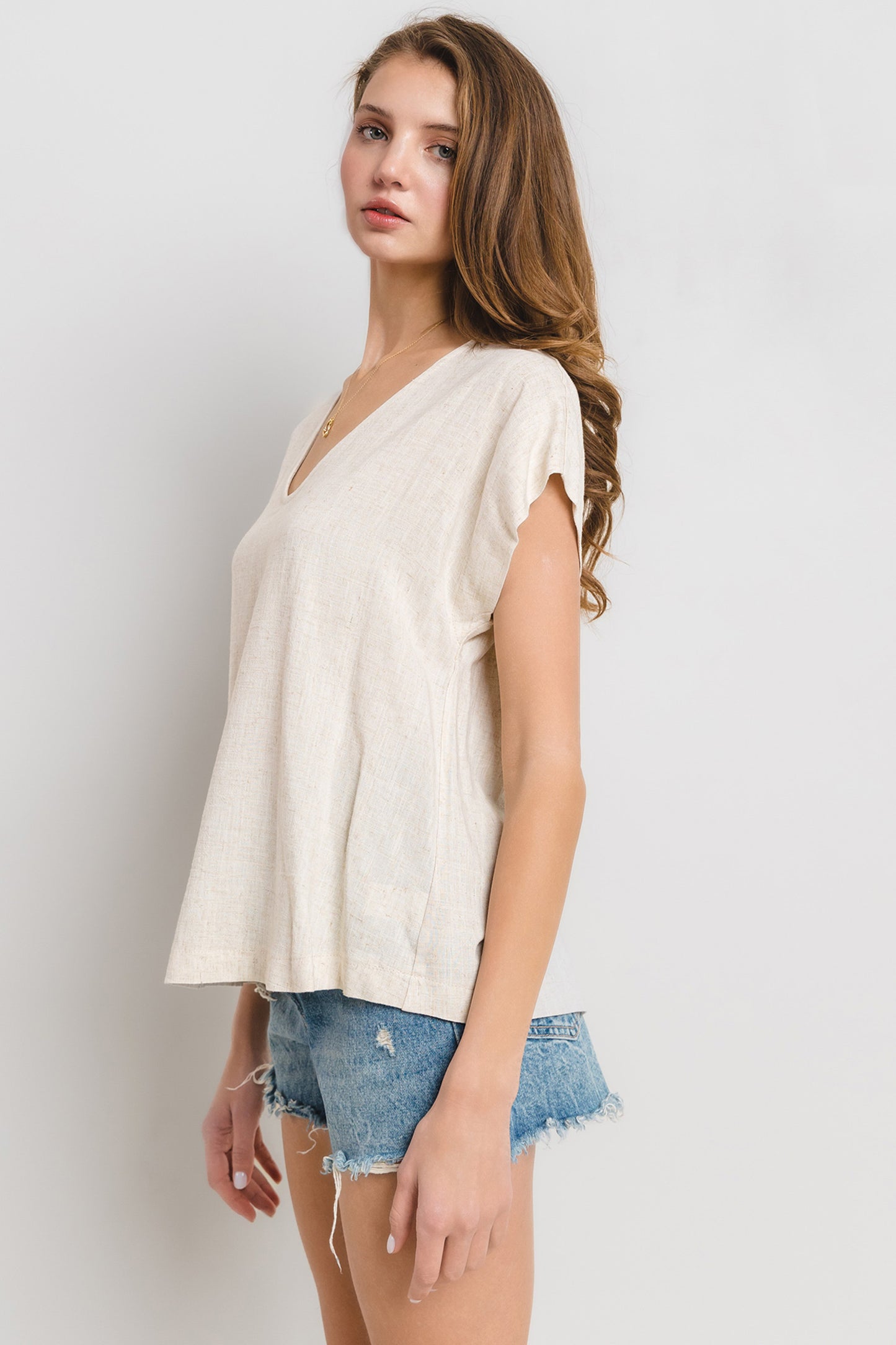Relaxed Fit V-Neck Linen Top