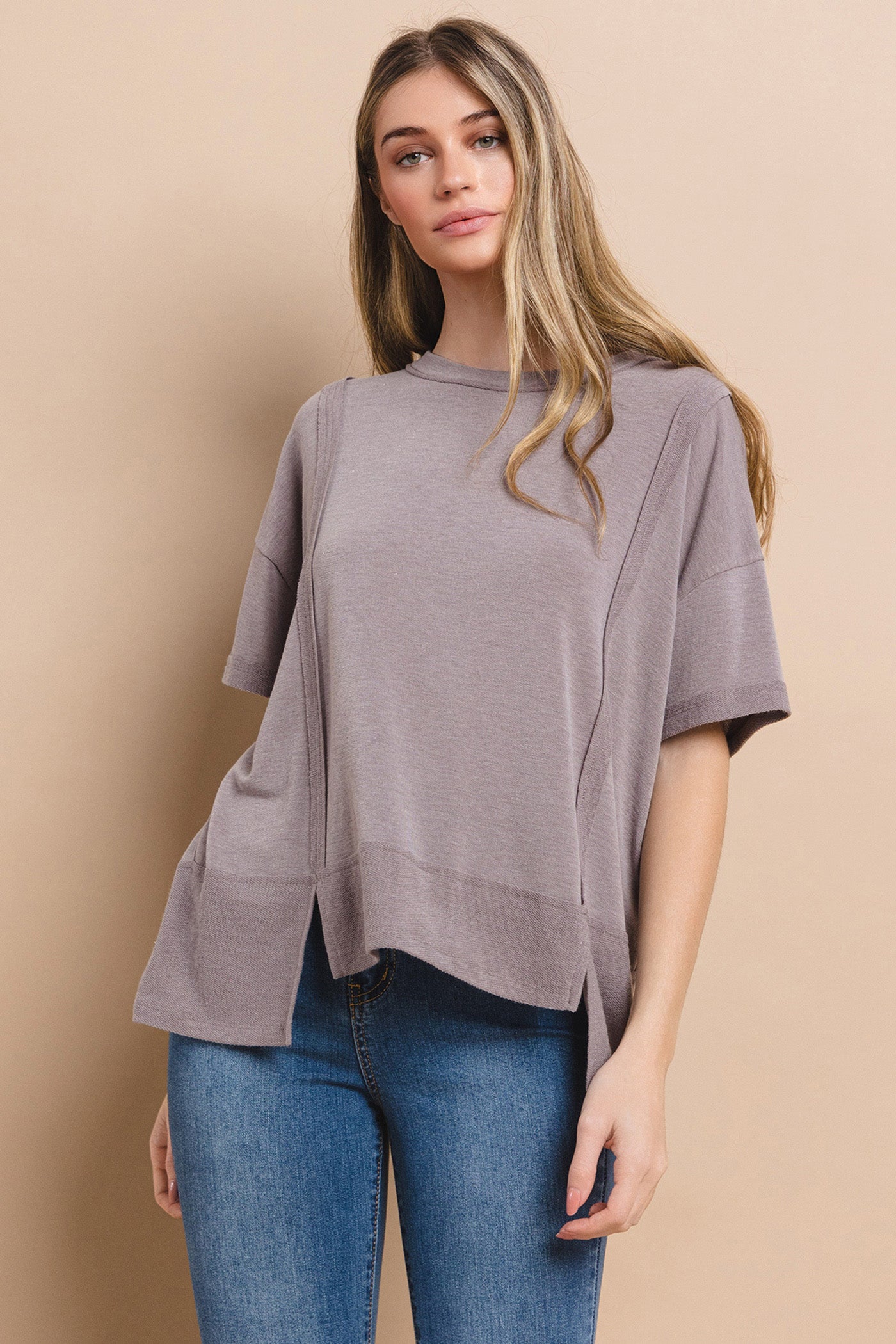 Crew Neck Short Sleeve Oversized French Teery Knit Top