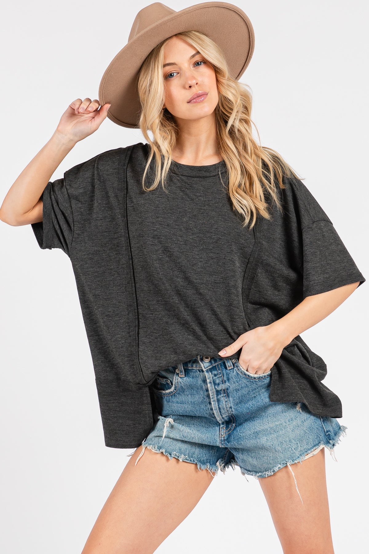 Crew Neck Short Sleeve Oversized French Teery Knit Top
