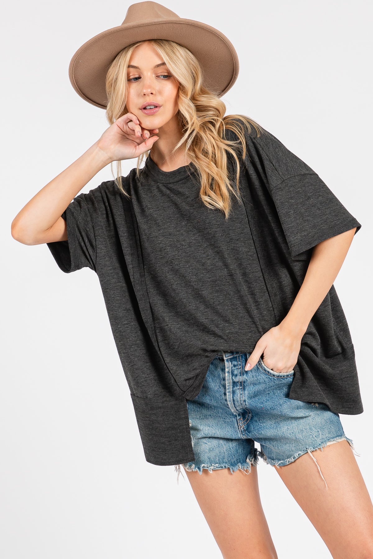 Crew Neck Short Sleeve Oversized French Teery Knit Top