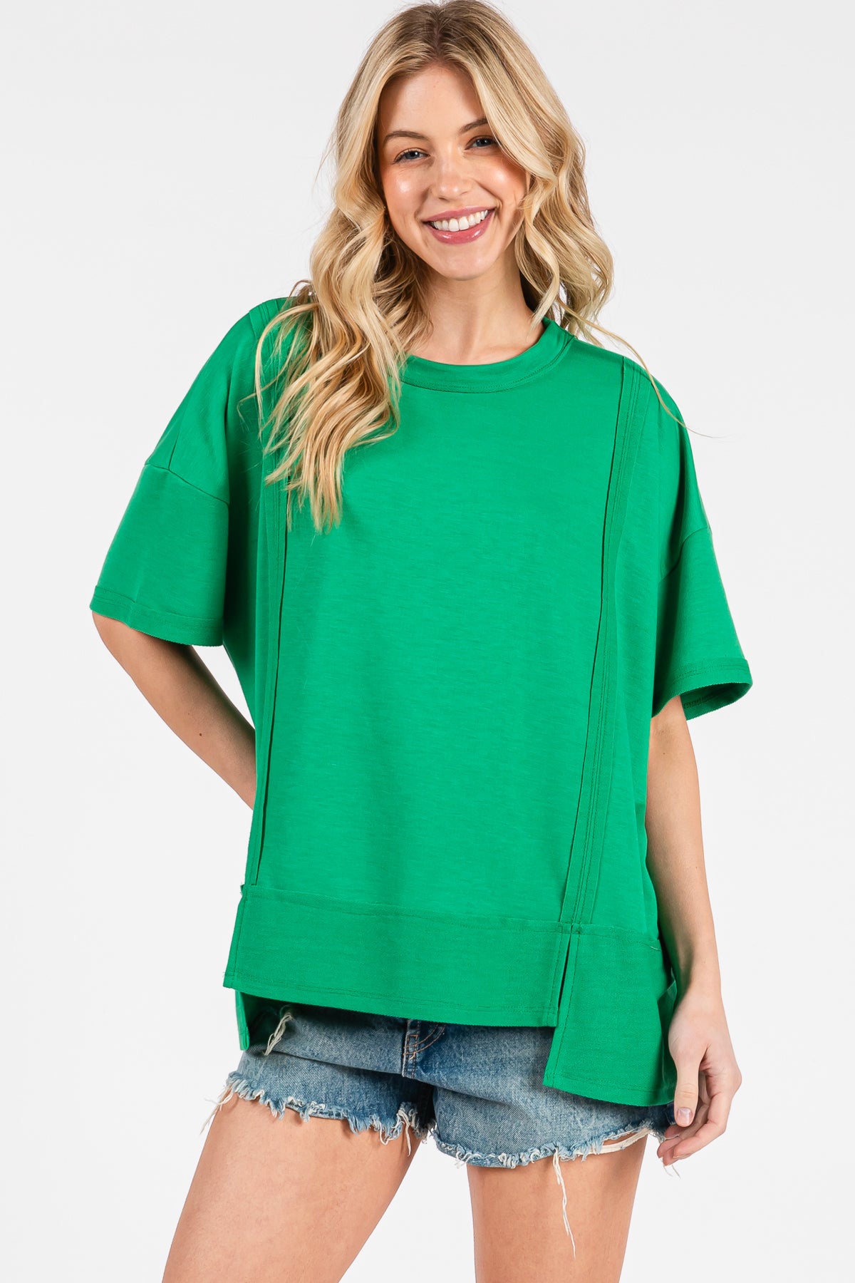 Crew Neck Short Sleeve Oversized French Teery Knit Top