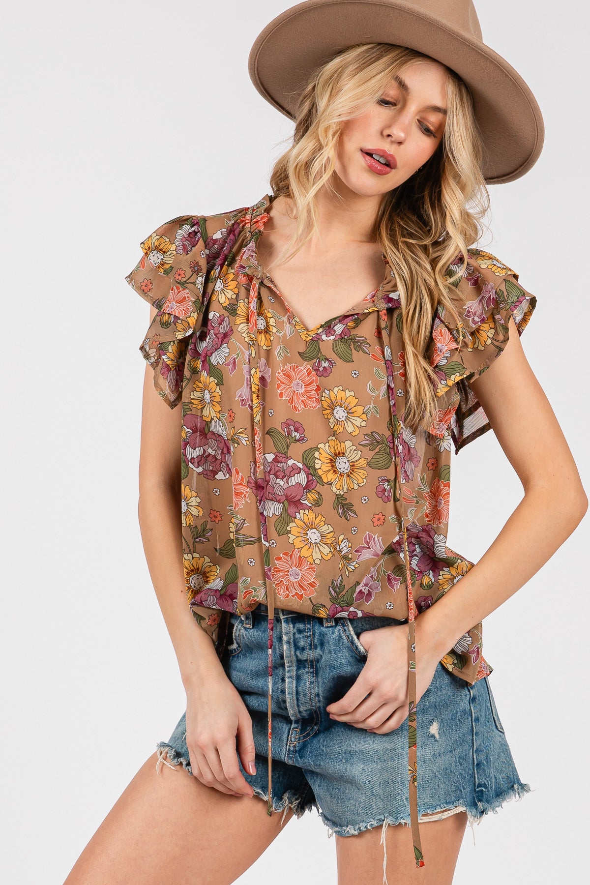 Ruffle Sleeve Floral Chiffon Blouse