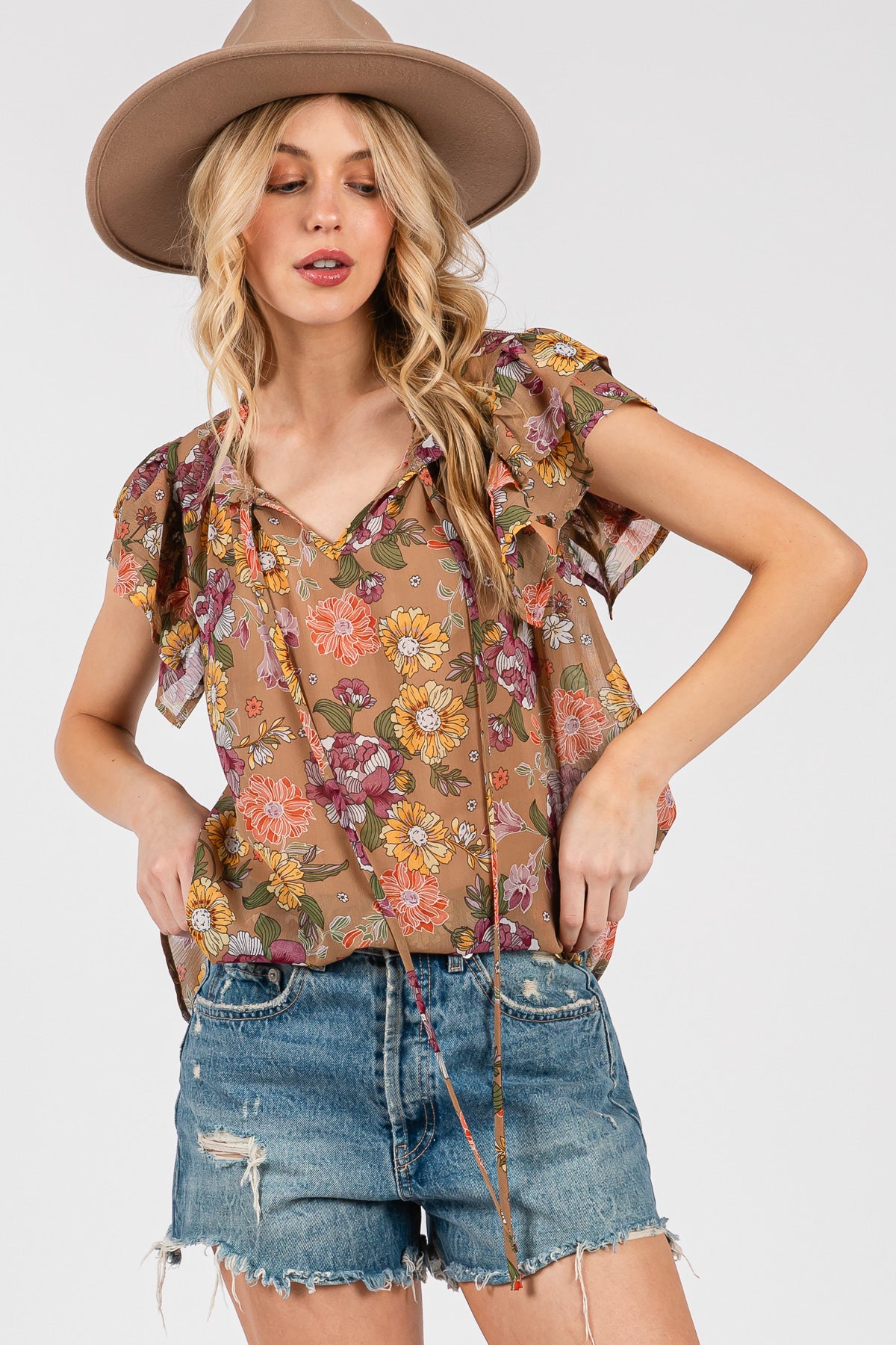 Ruffle Sleeve Floral Chiffon Blouse