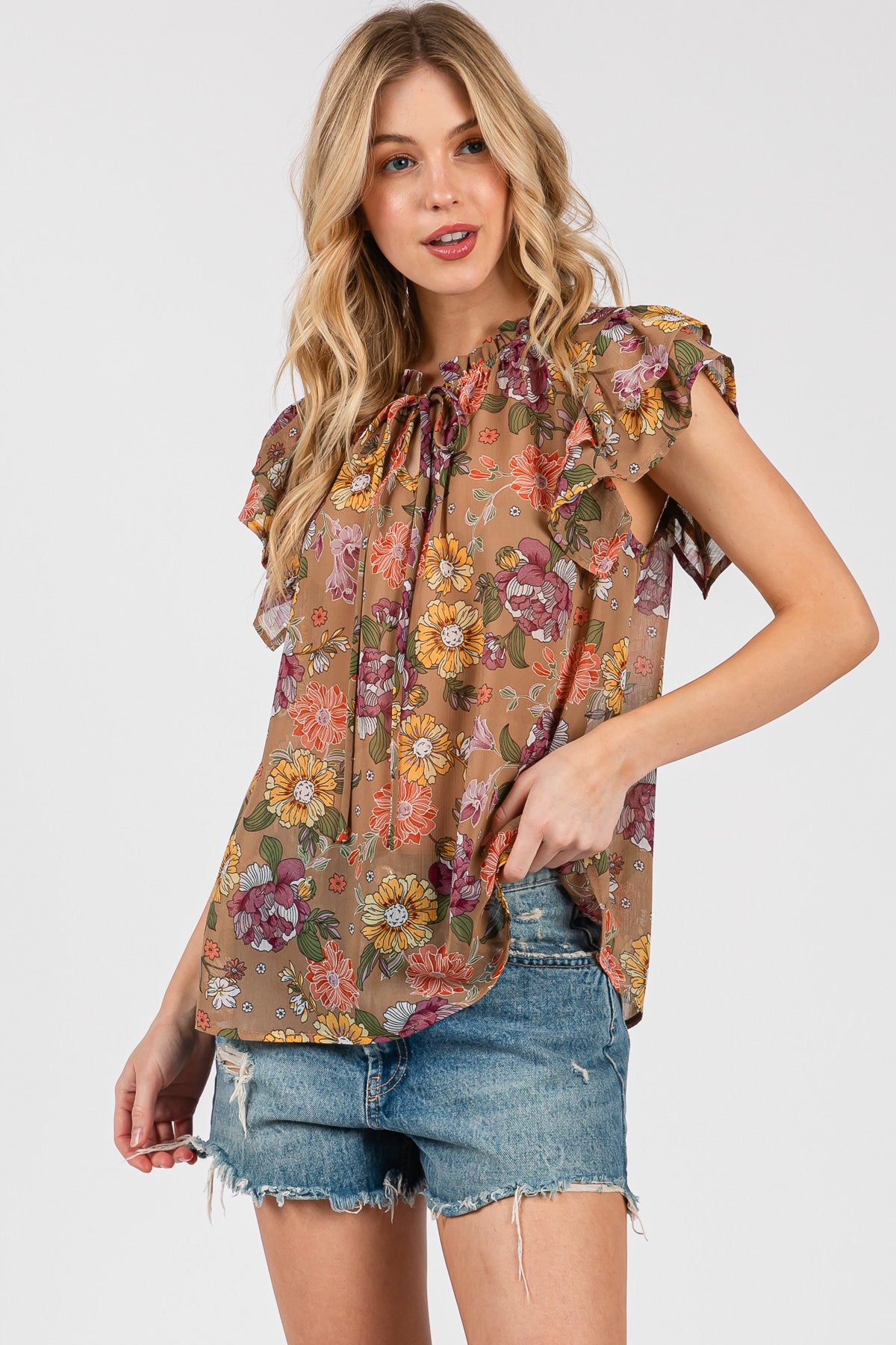Ruffle Sleeve Floral Chiffon Blouse