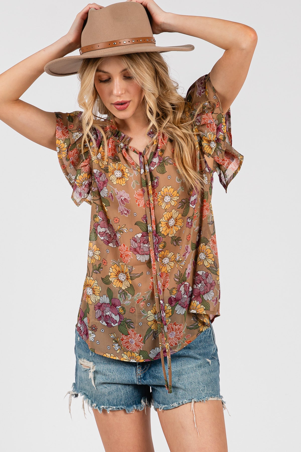 Ruffle Sleeve Floral Chiffon Blouse
