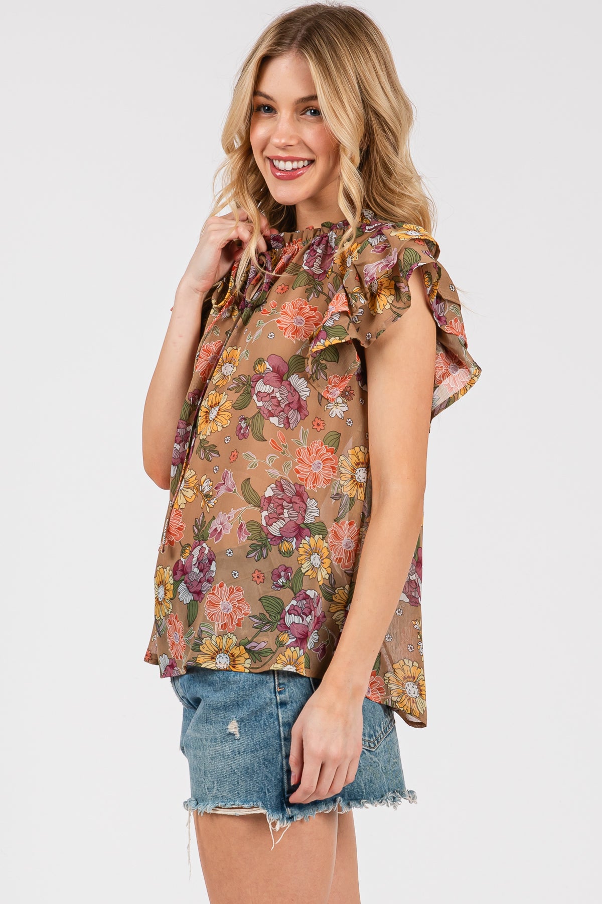 Ruffle Sleeve Floral Chiffon Blouse