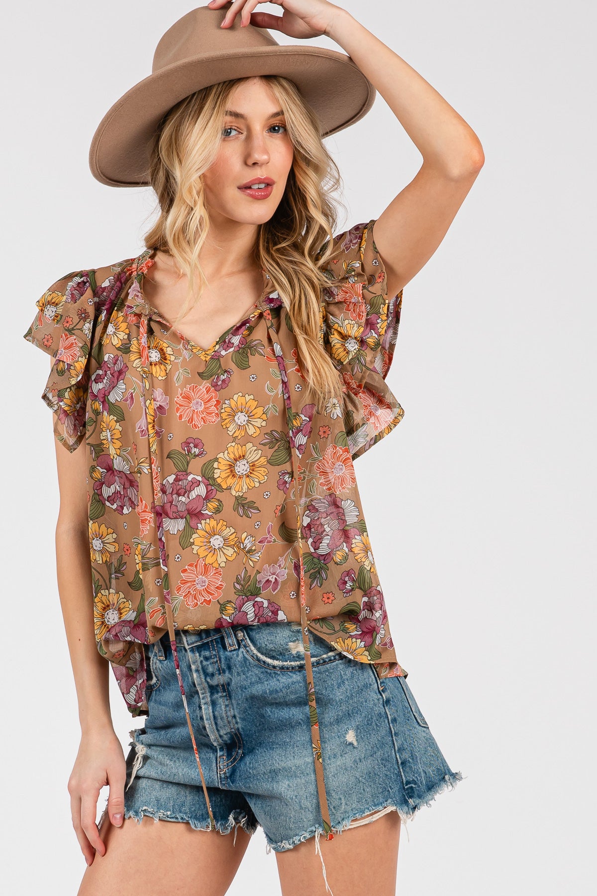 Ruffle Sleeve Floral Chiffon Blouse